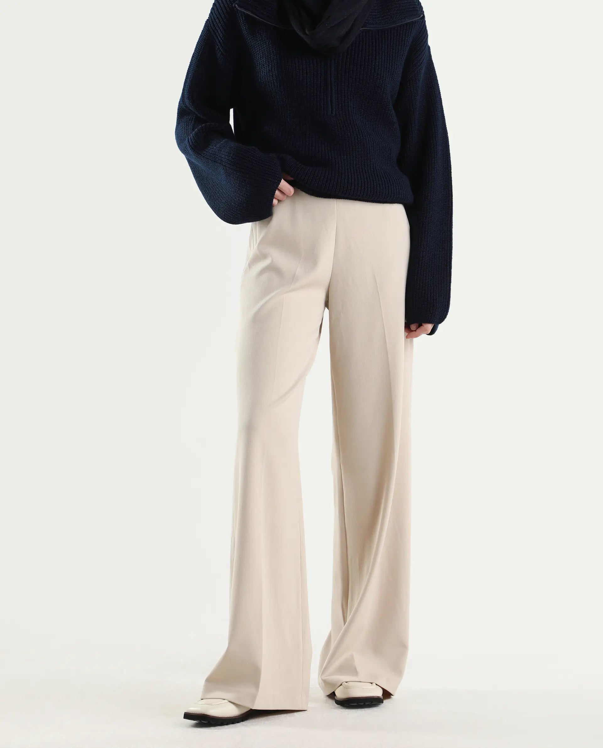 Rareism Women's Widy Beige Viscose Fabric Wide Plain Trouser