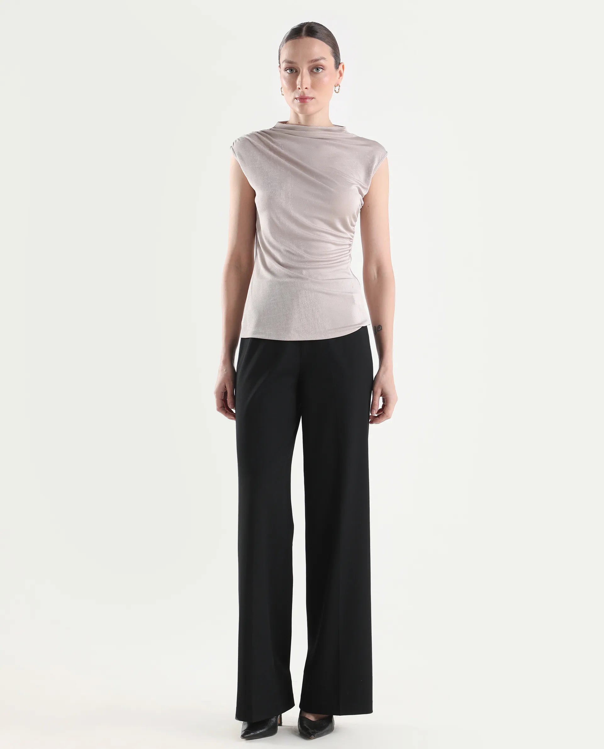 Rareism Women's Widy Black Viscose Wide Plain Trouser