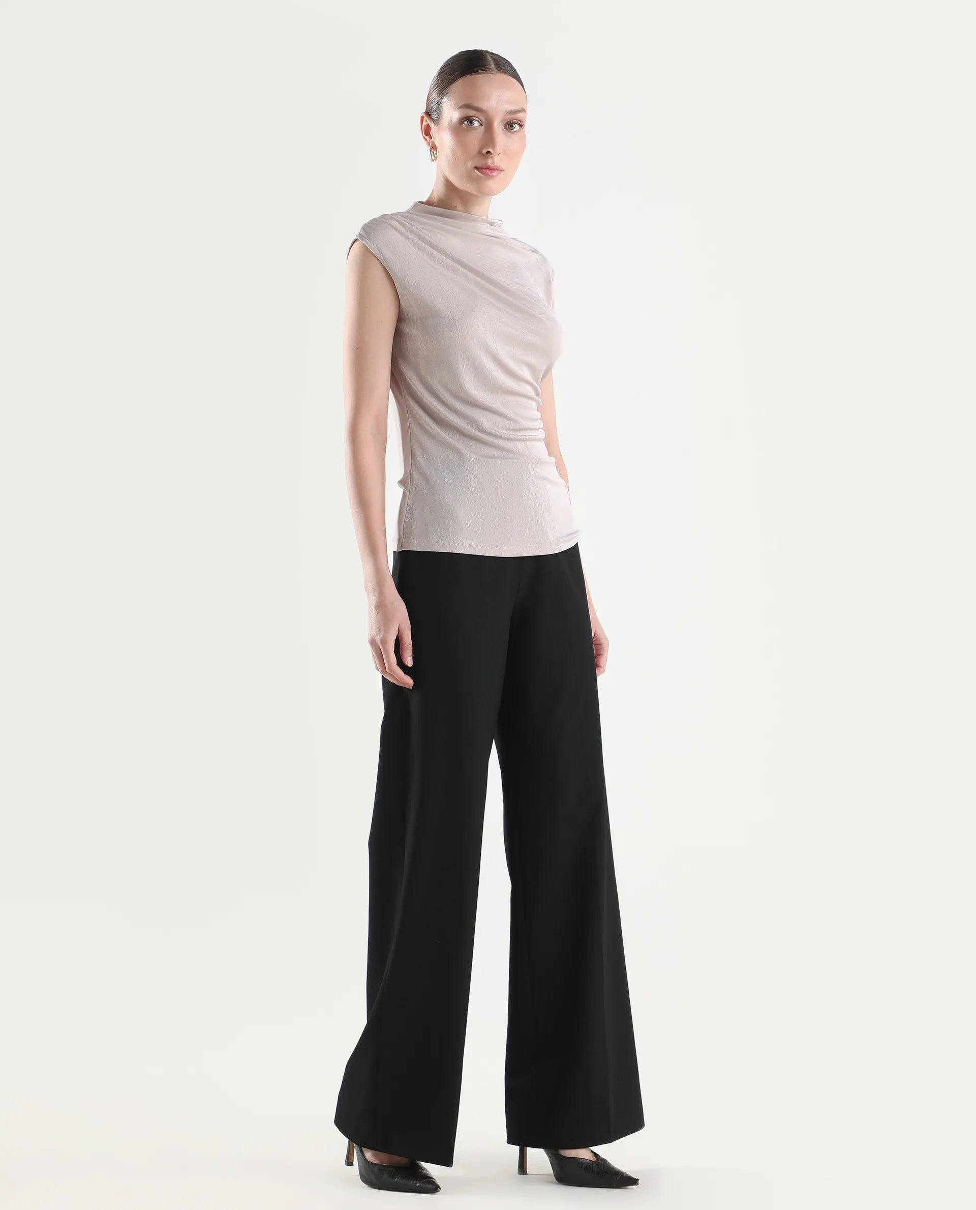Rareism Women's Widy Black Viscose Wide Plain Trouser