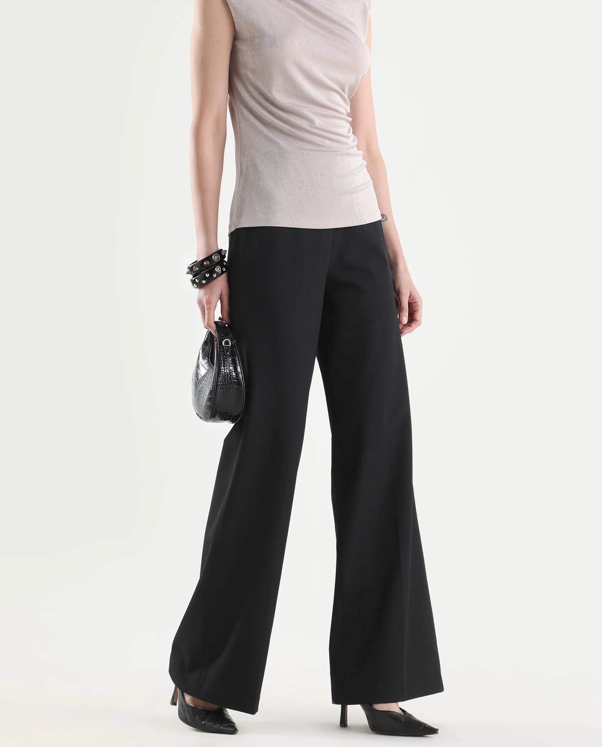 Rareism Women's Widy Black Viscose Wide Plain Trouser