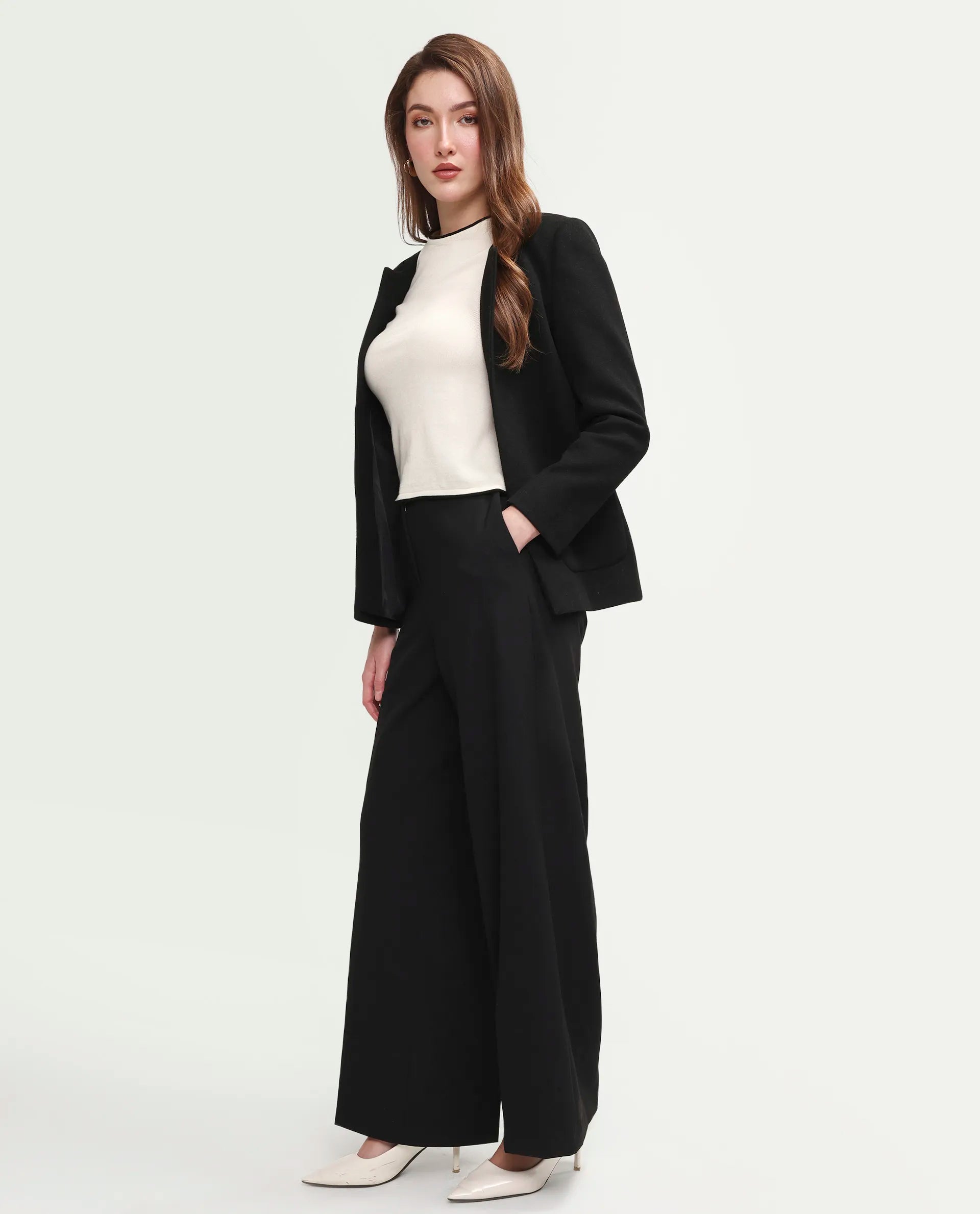 Rareism Women's Celina-B Black Polyester Blend Wide Plain Trouser