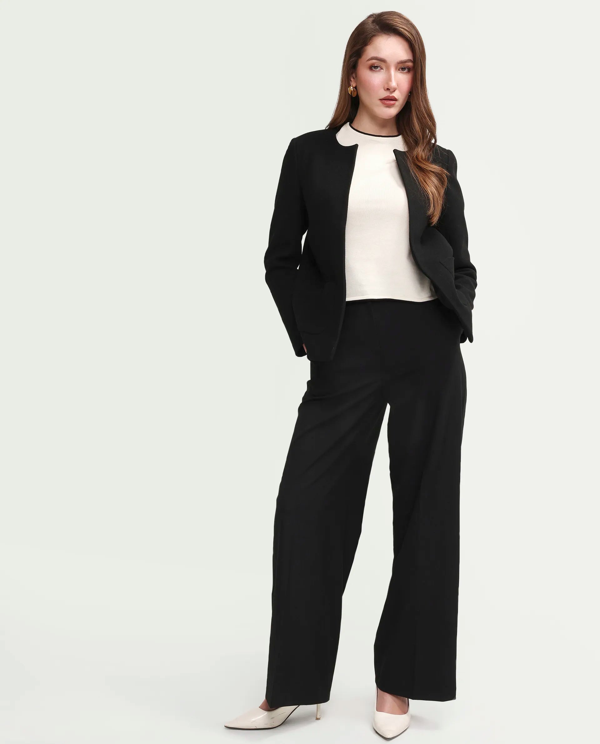 Rareism Women's Celina-B Black Polyester Blend Wide Plain Trouser