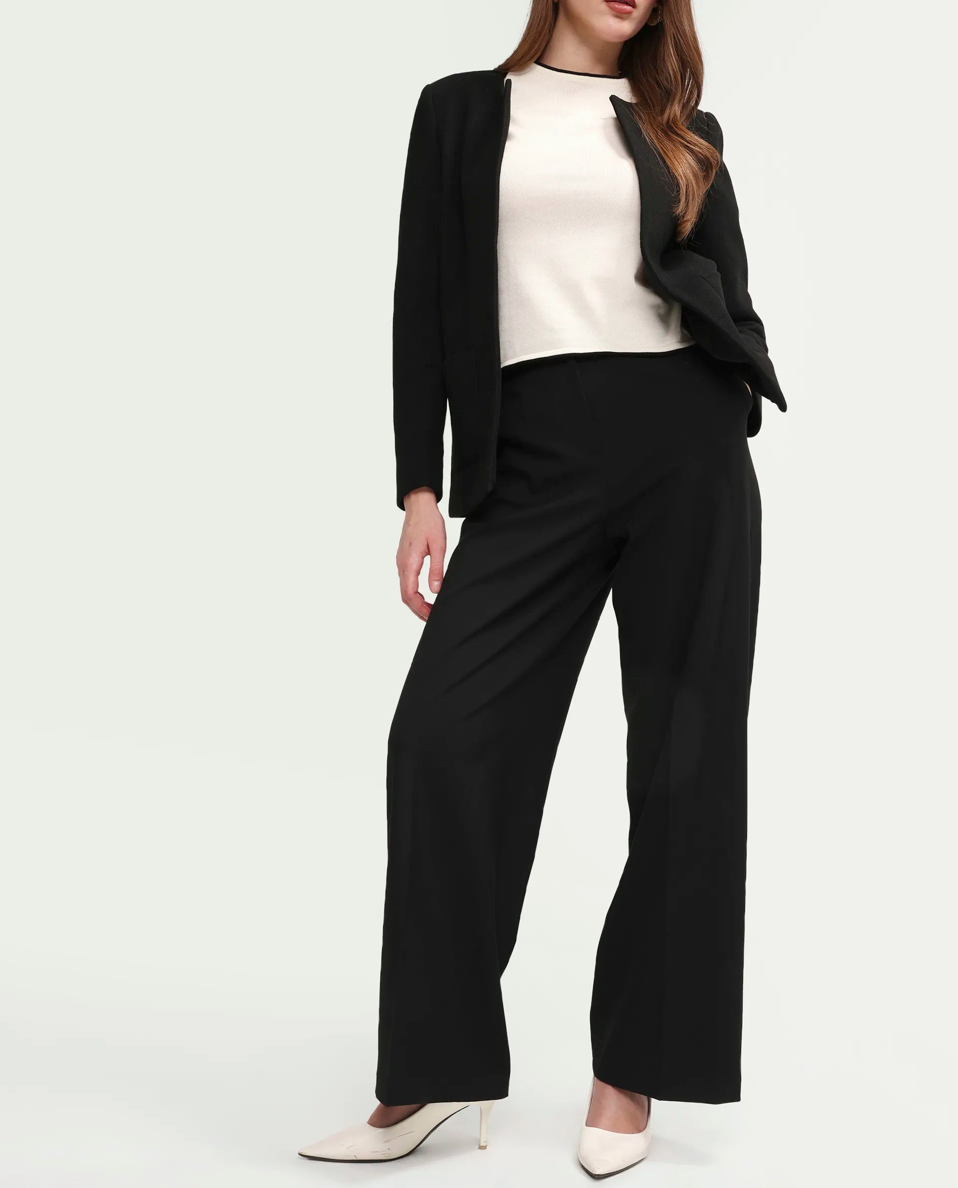 Rareism Women's Celina-B Black Polyester Blend Wide Plain Trouser