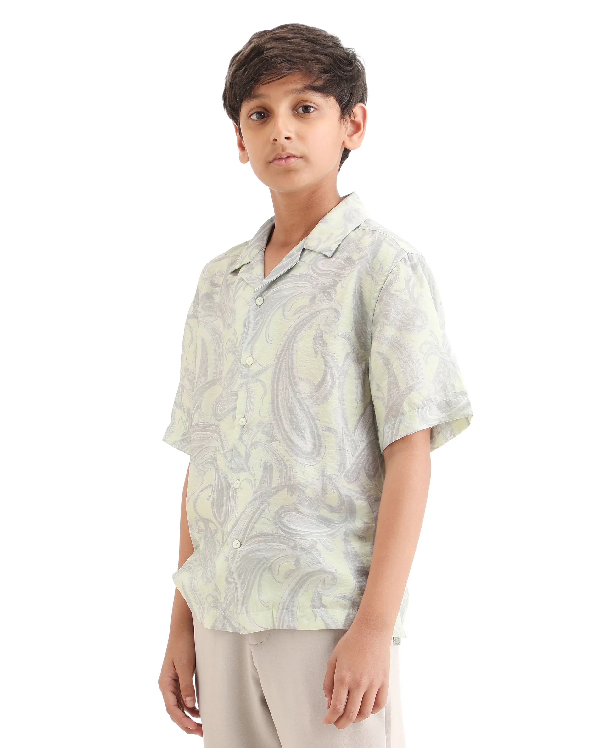 Rare Ones Kids Pasel-S Fluorescent Green Viscose Blend Button Closure Boxy Fit Shirt