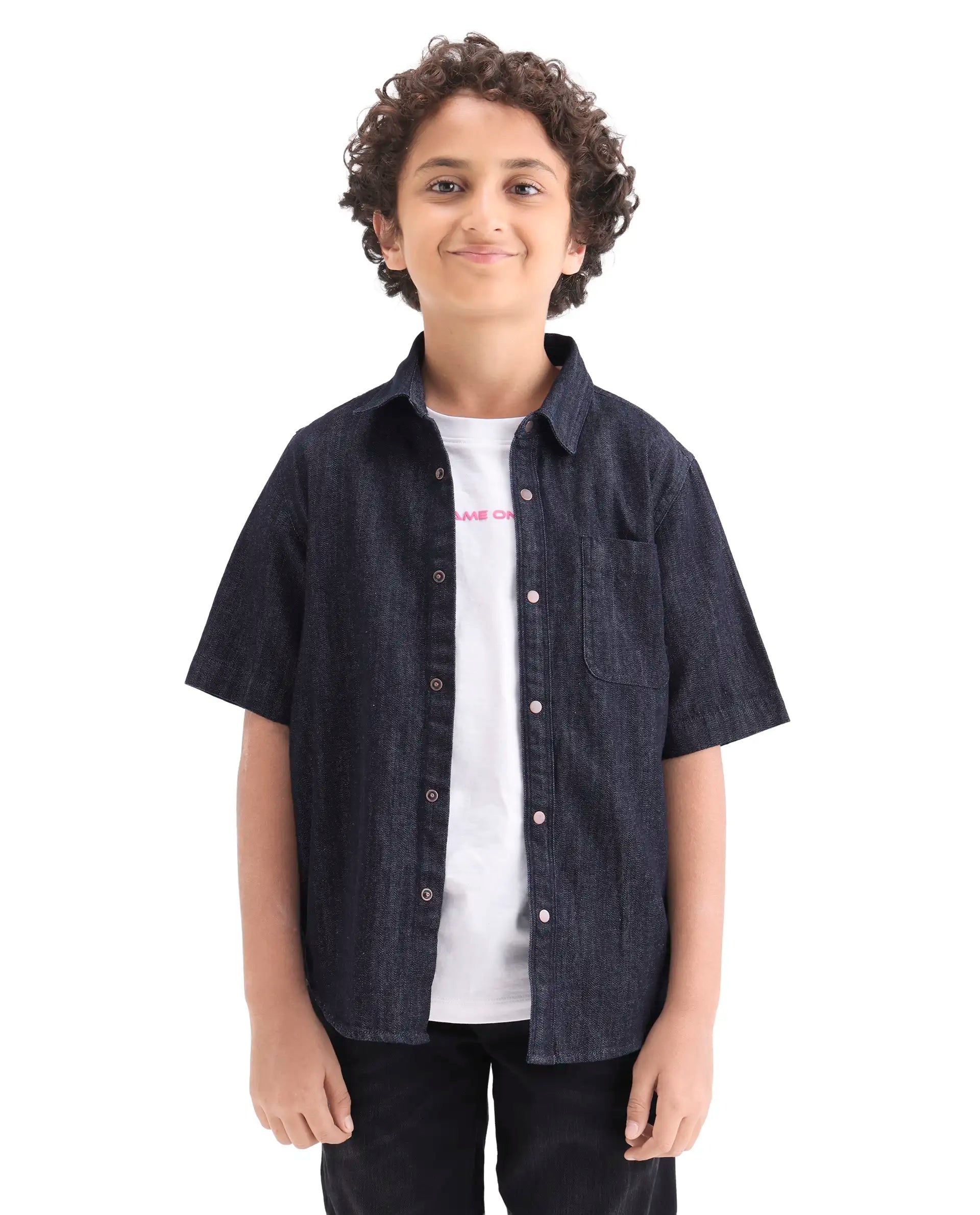 Rare Ones Kids Rocat-Hs Dark Blue Cotton Snap Button Closure Regular Fit Shirt