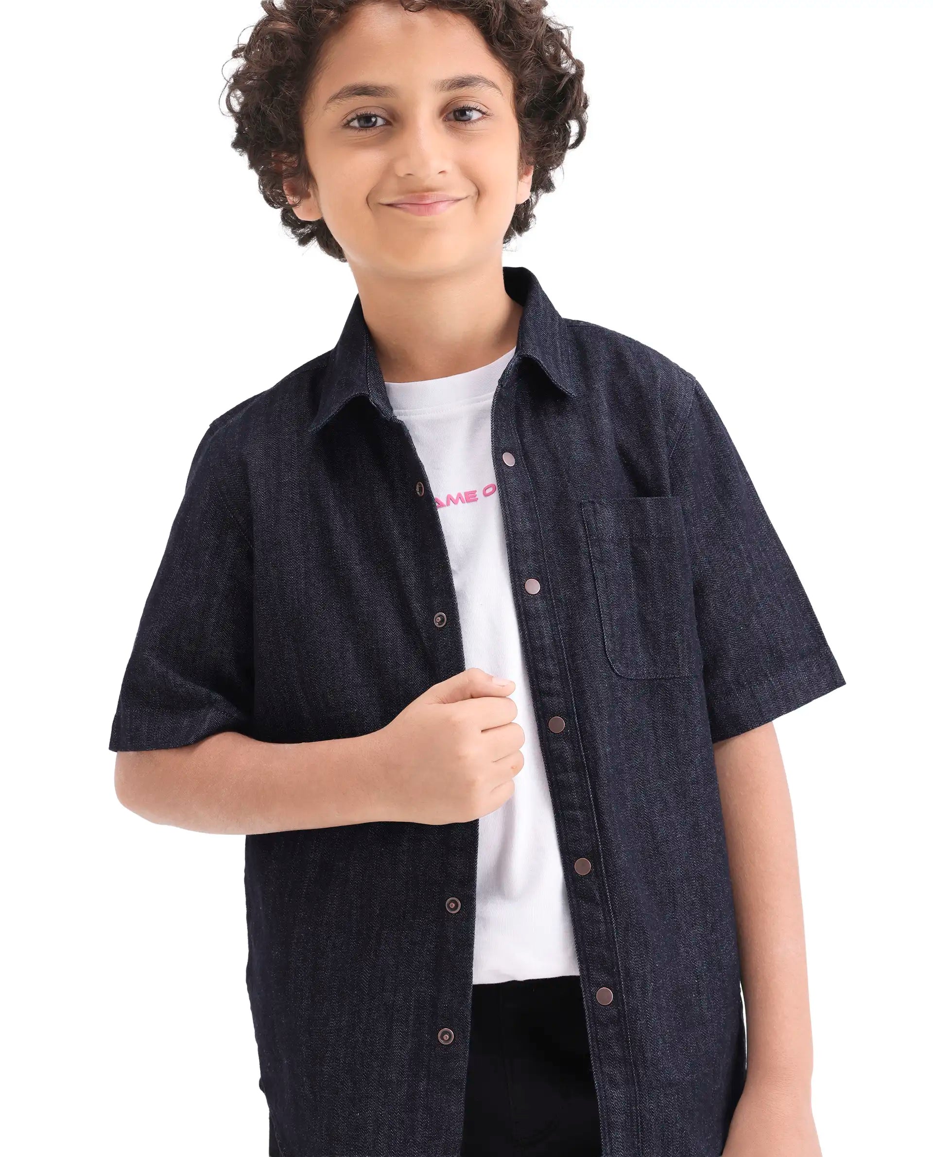 Rare Ones Kids Rocat-Hs Dark Blue Cotton Snap Button Closure Regular Fit Shirt