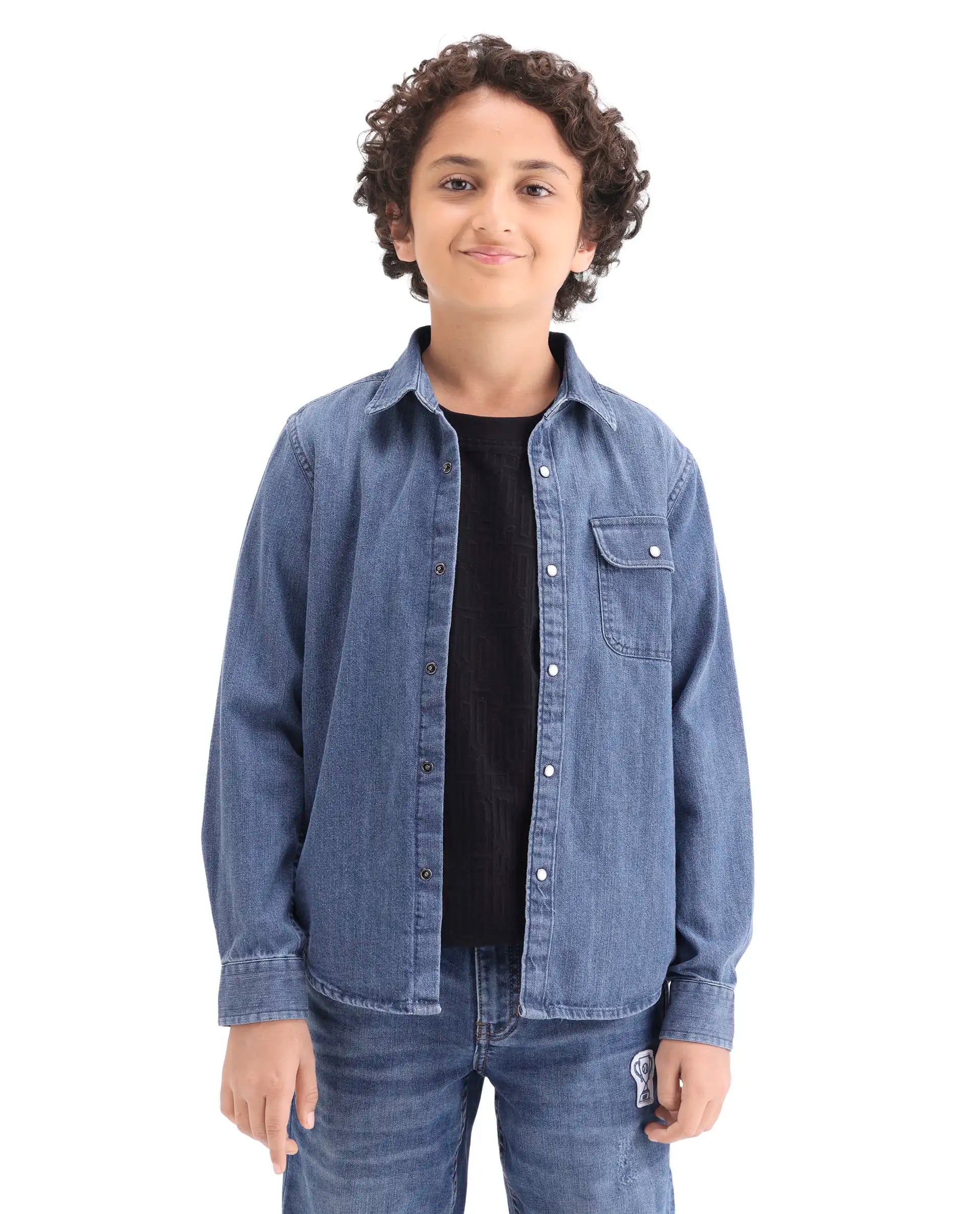Rare Ones Kids Rocco-Fs Light Blue Cotton Snap Button Closure Regular Fit Shirt