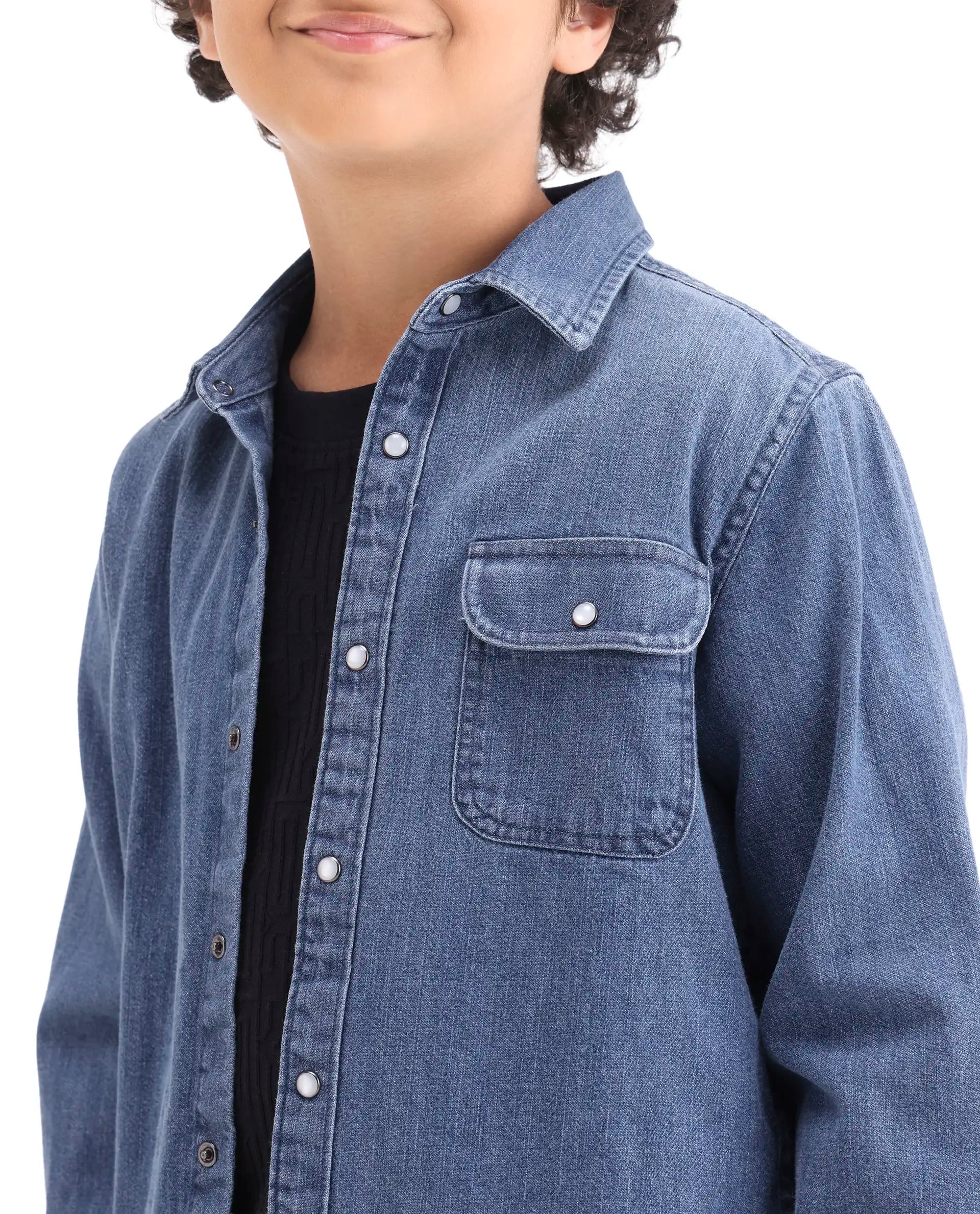 Rare Ones Kids Rocco-Fs Light Blue Cotton Snap Button Closure Regular Fit Shirt