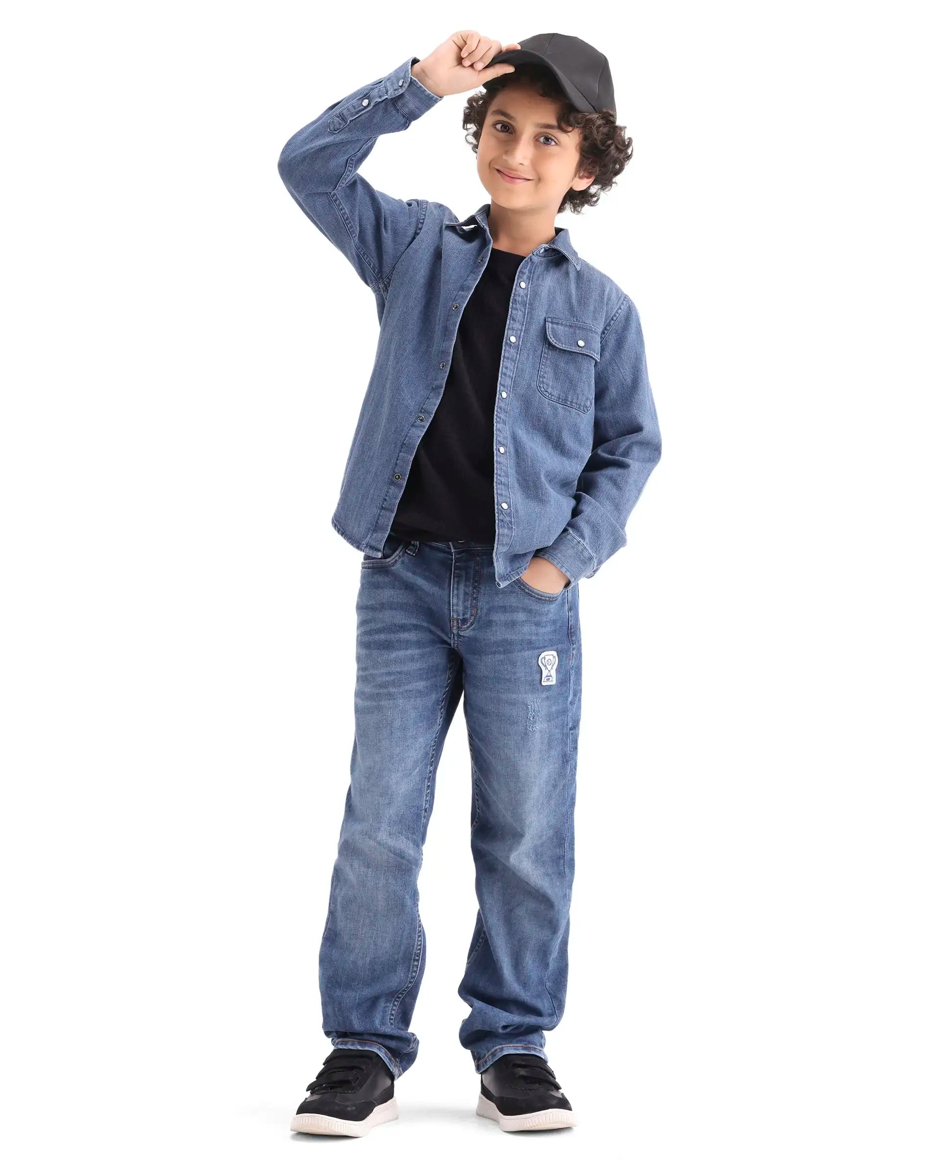 Rare Ones Kids Rocco-Fs Light Blue Cotton Snap Button Closure Regular Fit Shirt