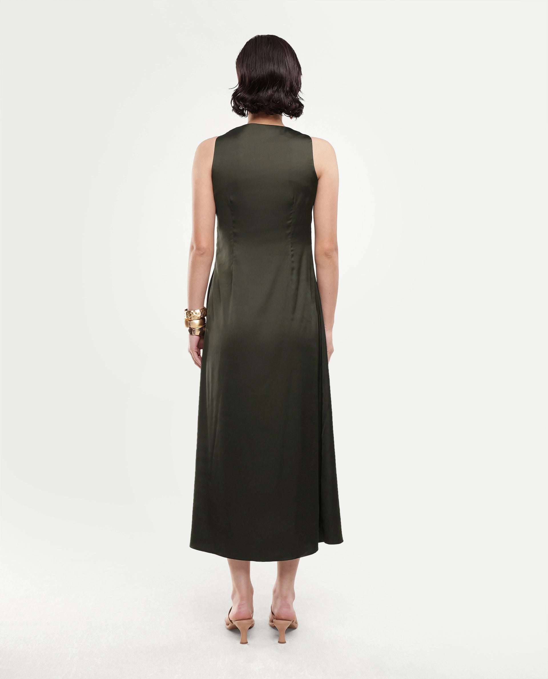 Rareism Women's Addina Olive Polyester Cowl Neck Pull-On Bodycon Plain Dress