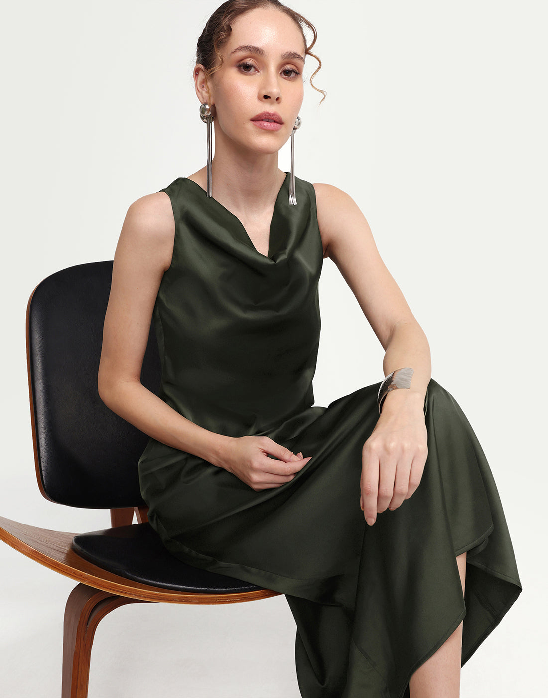 Rareism Women's Addina Olive Polyester Cowl Neck Pull-On Bodycon Plain Dress