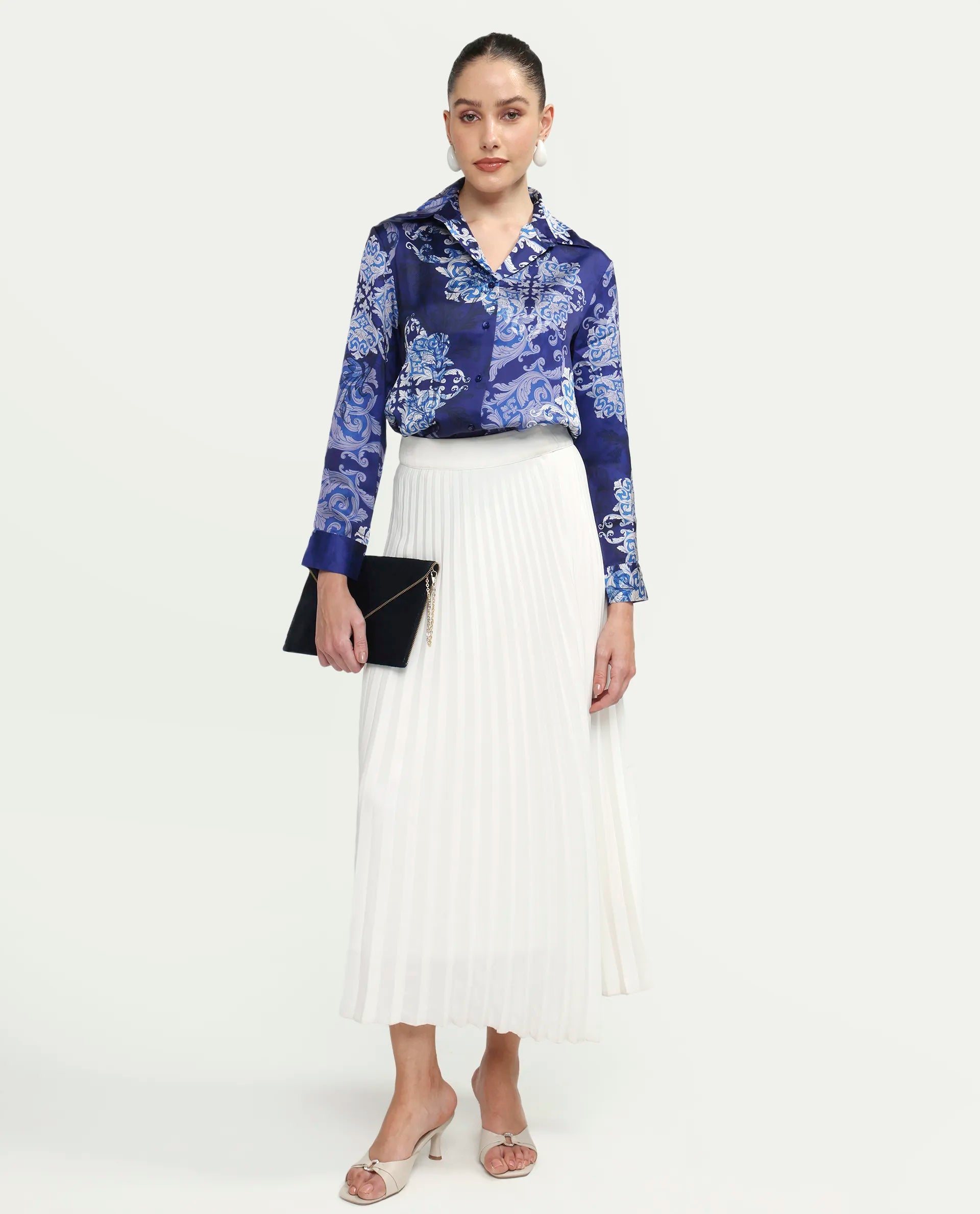Rareism Women's Aleen Blue Polyester Full Sleeve Spread Collar Relaxed Fit Printed Shirt
