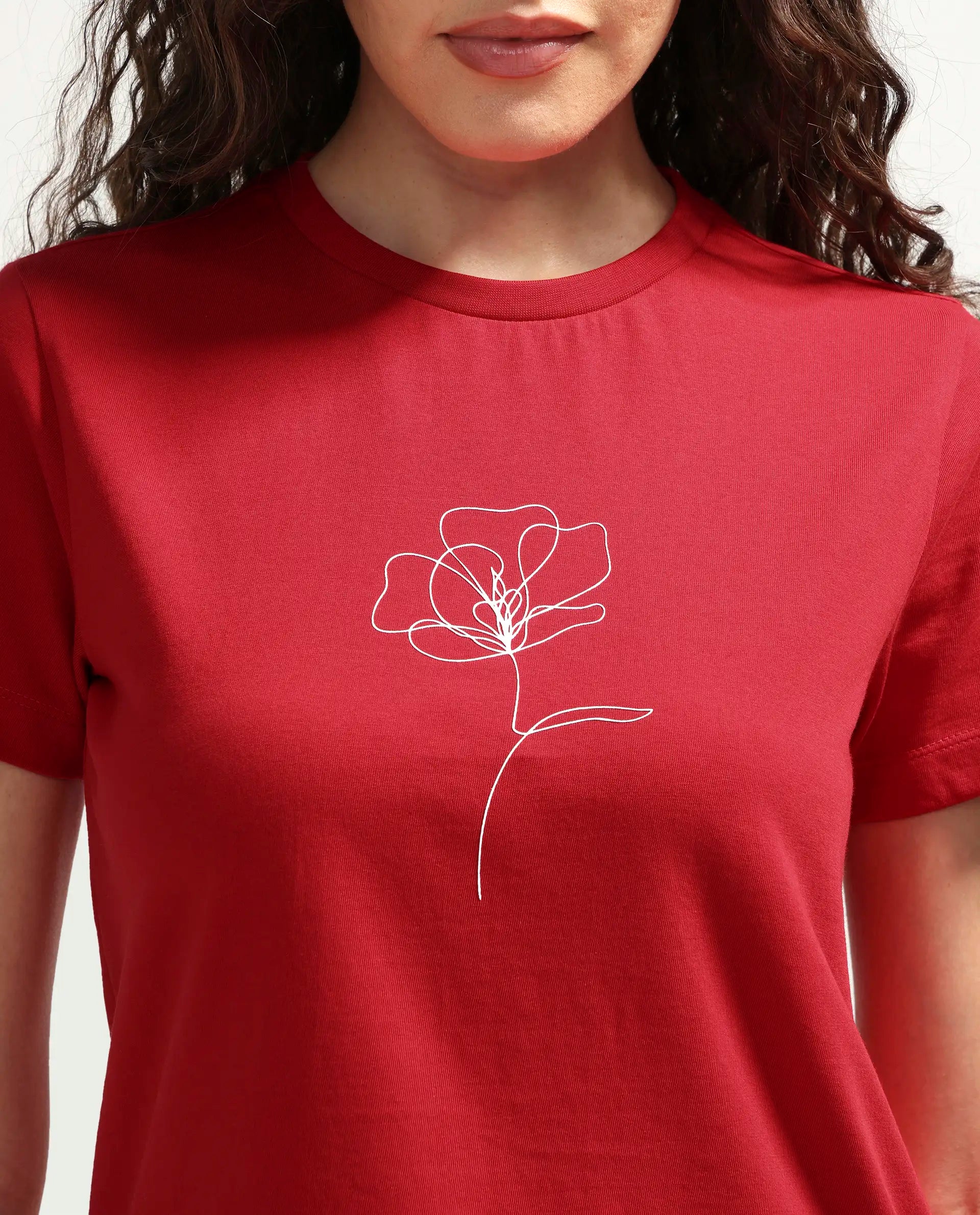 Rareism Women's Zexer Red Cotton Crew Neck Pull-On Regular Floral Print T-Shirt