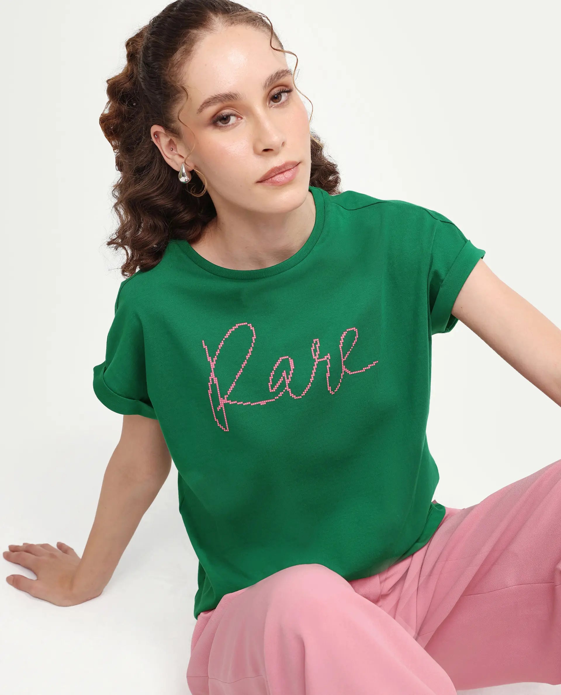 Rareism Women's Zivic Dark Green Cotton Crew Neck Pull-On Relaxed Typography Print T-Shirt