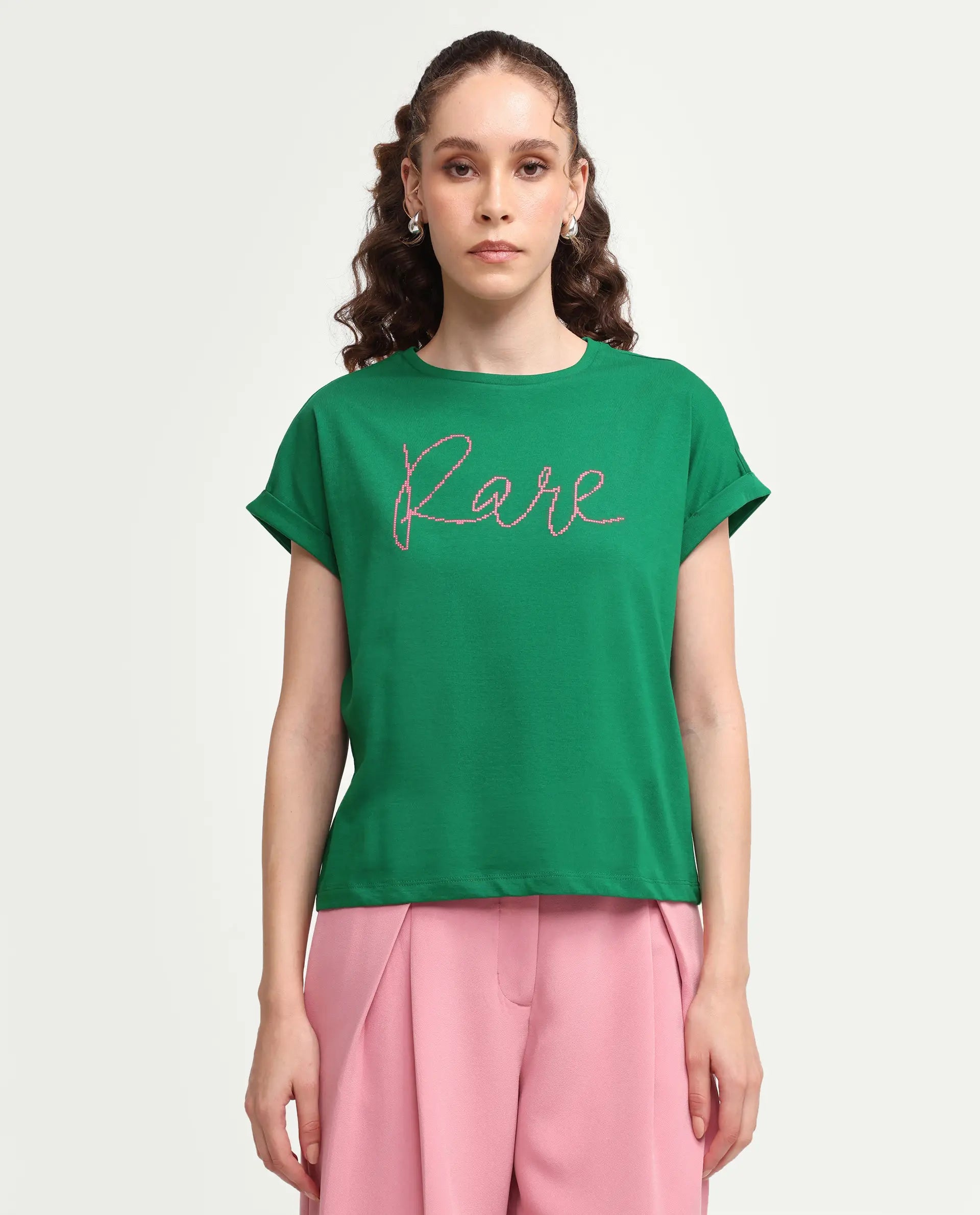 Rareism Women's Zivic Dark Green Cotton Crew Neck Pull-On Relaxed Typography Print T-Shirt