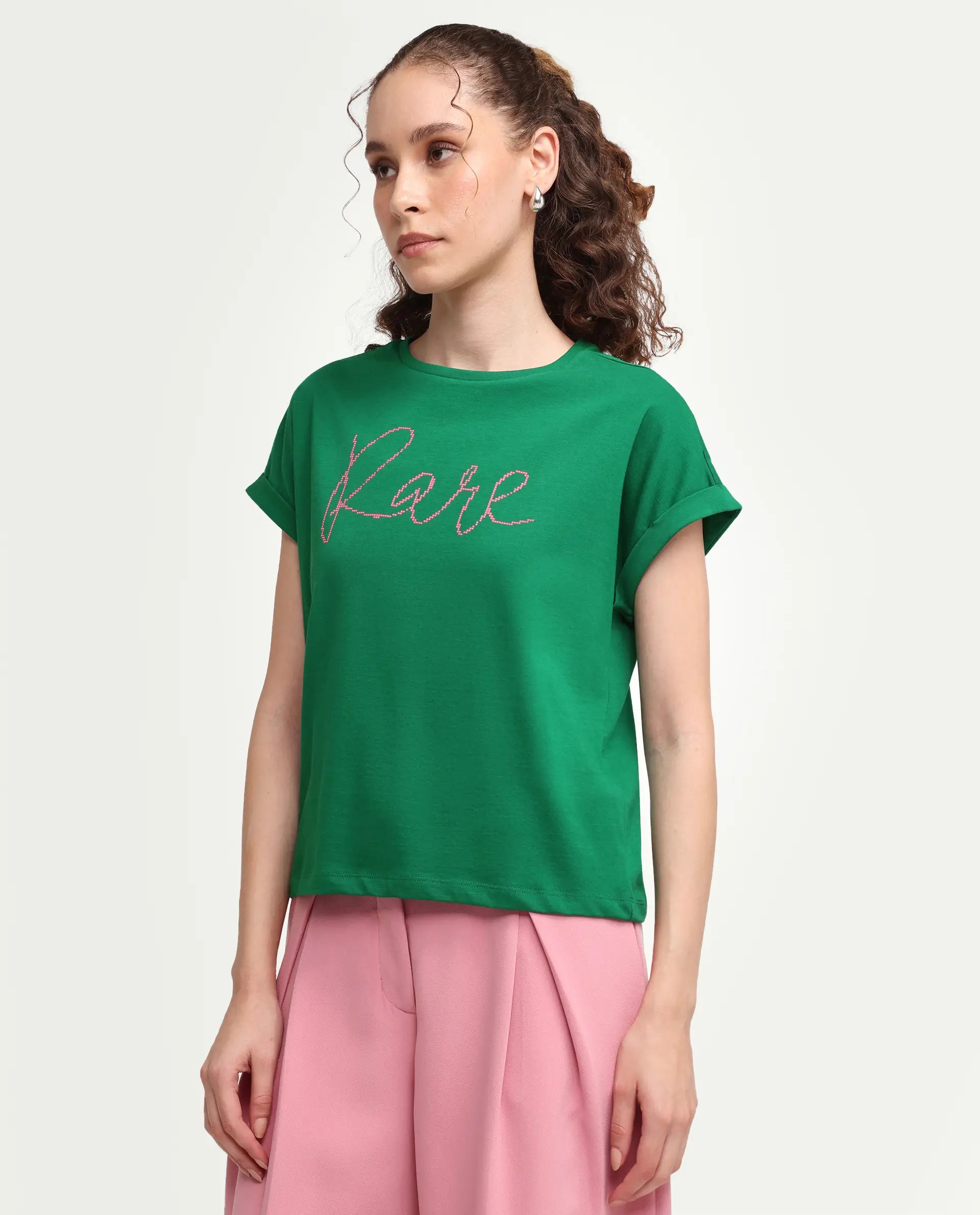 Rareism Women's Zivic Dark Green Cotton Crew Neck Pull-On Relaxed Typography Print T-Shirt