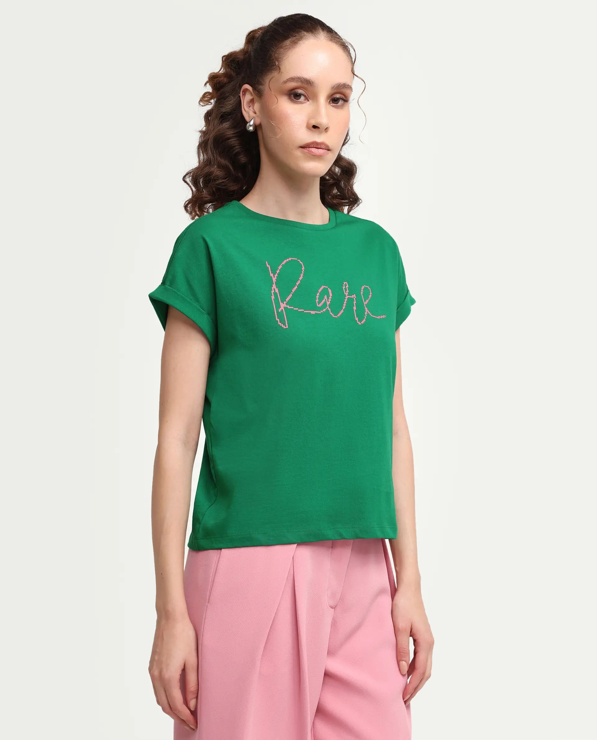 Rareism Women's Zivic Dark Green Cotton Crew Neck Pull-On Relaxed Typography Print T-Shirt