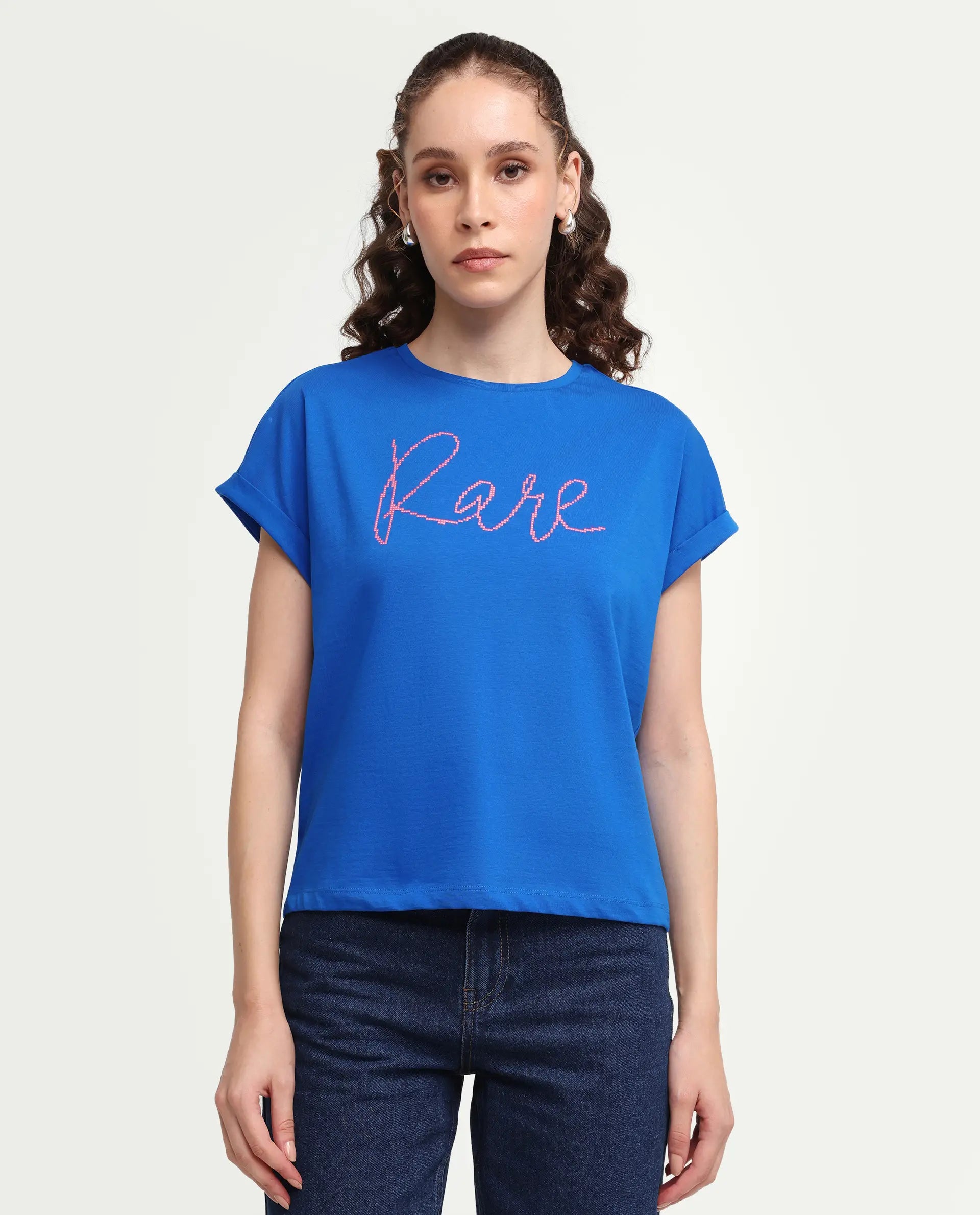 Rareism Women's Zivic Dark Blue Cotton Crew Neck Pull-On Relaxed Typography Print T-Shirt