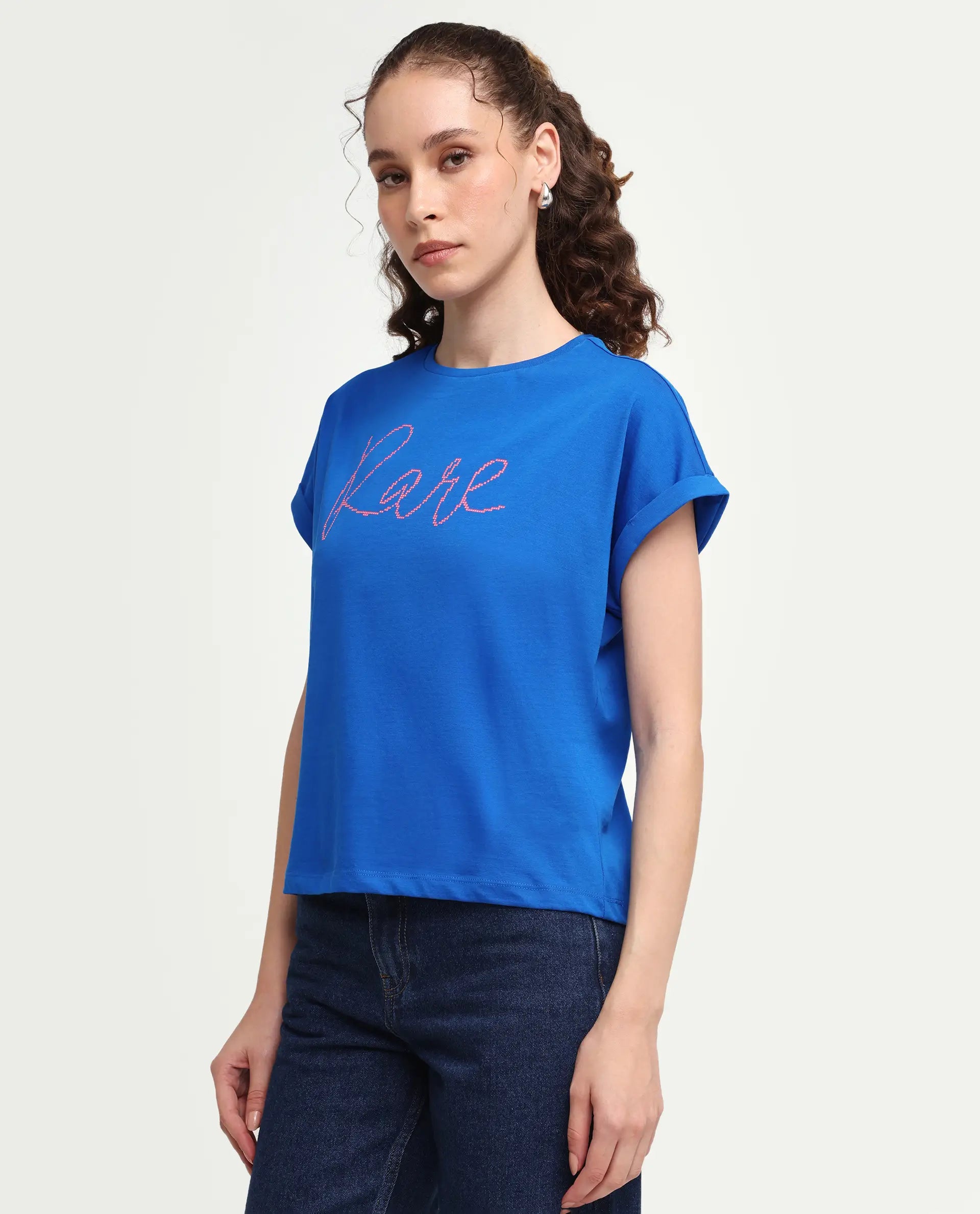 Rareism Women's Zivic Dark Blue Cotton Crew Neck Pull-On Relaxed Typography Print T-Shirt