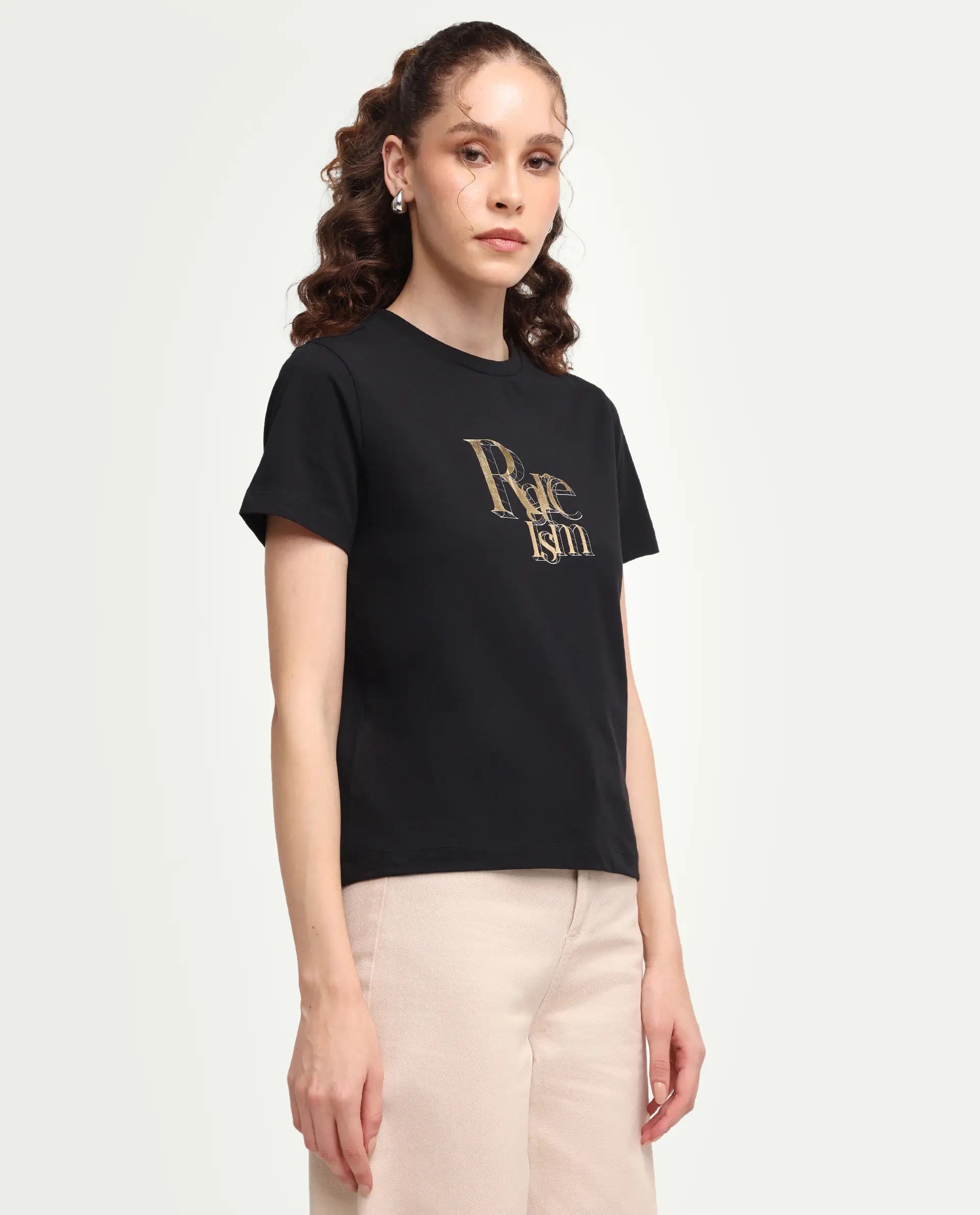 Rareism Women's Zism Black Cotton Blend Crew Neck Pull-On Regular Graphic Print T-Shirt