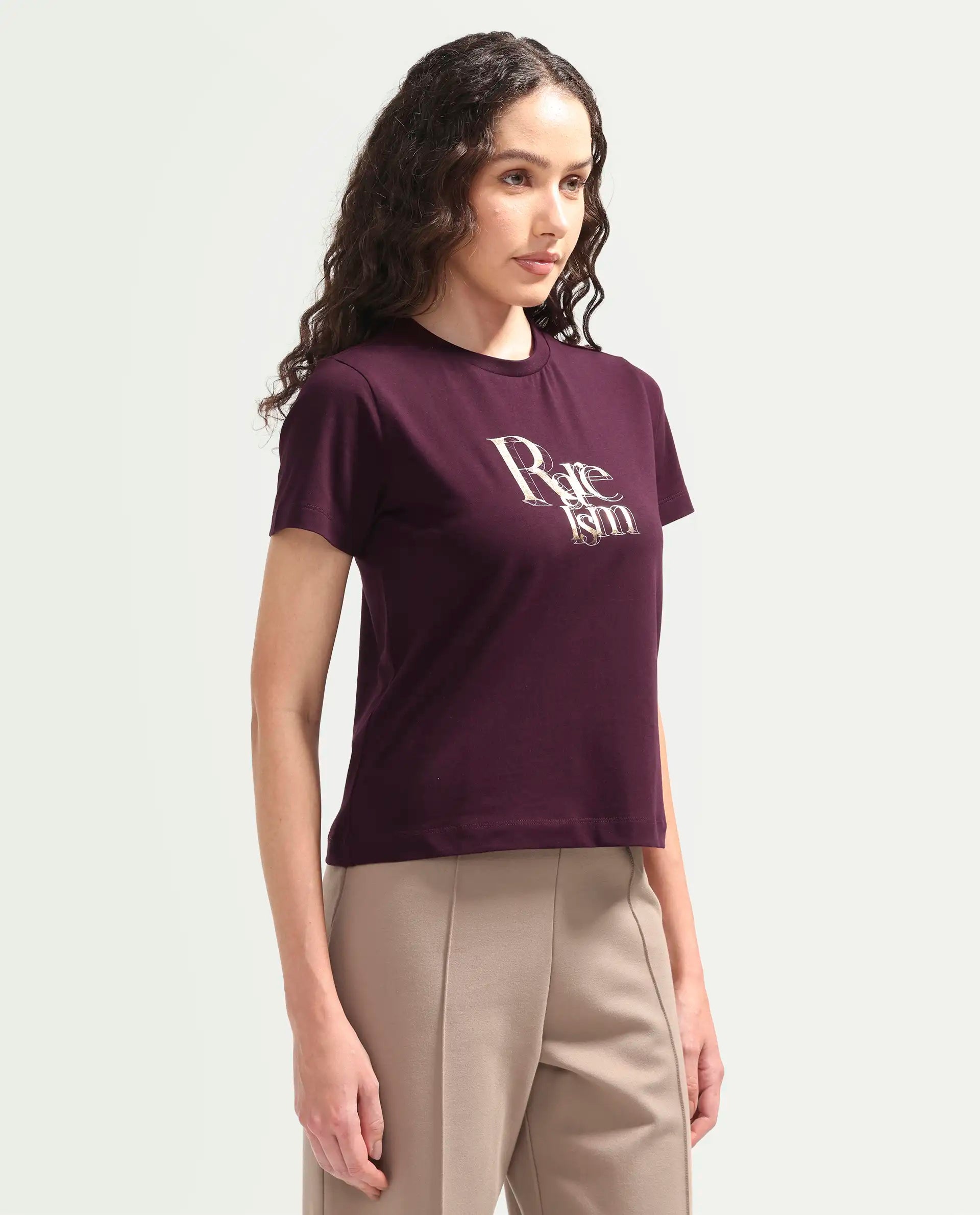 Rareism Women's Zism Dark Maroon Cotton Blend Crew Neck Pull-On Regular Graphic Print T-Shirt