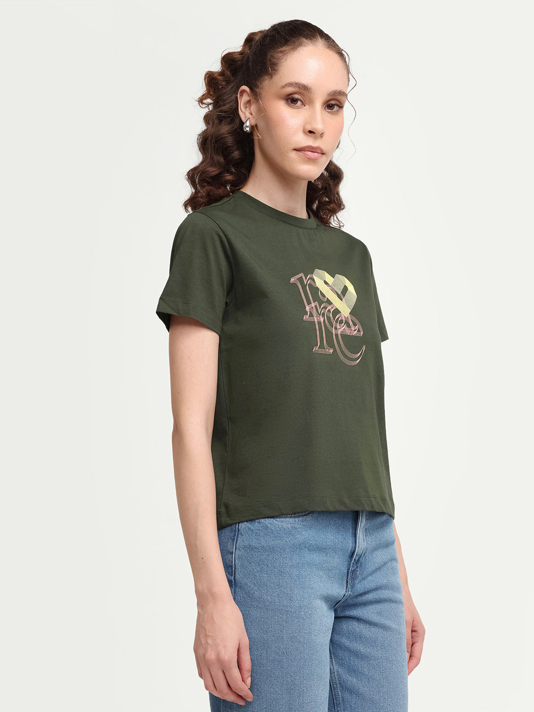 Rareism Women's Zera Olive Cotton Crew Neck Pull-On Regular Graphic Print T-Shirt
