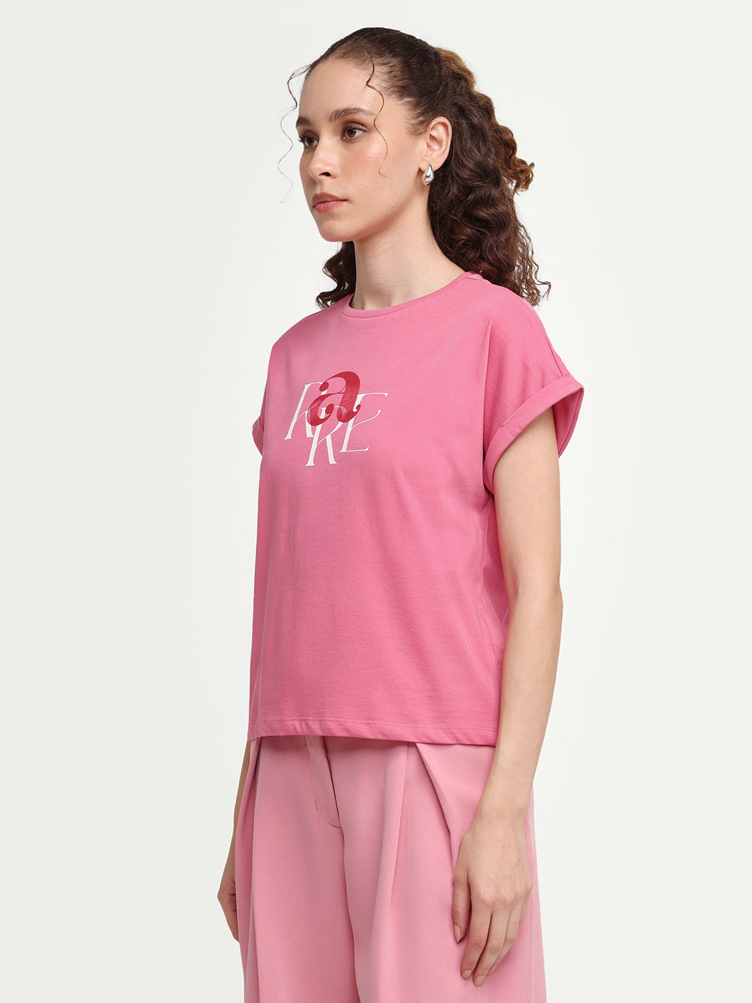 Rareism Women's Zue Pink Cotton Crew Neck Pull-On Relaxed Typography Print T-Shirt