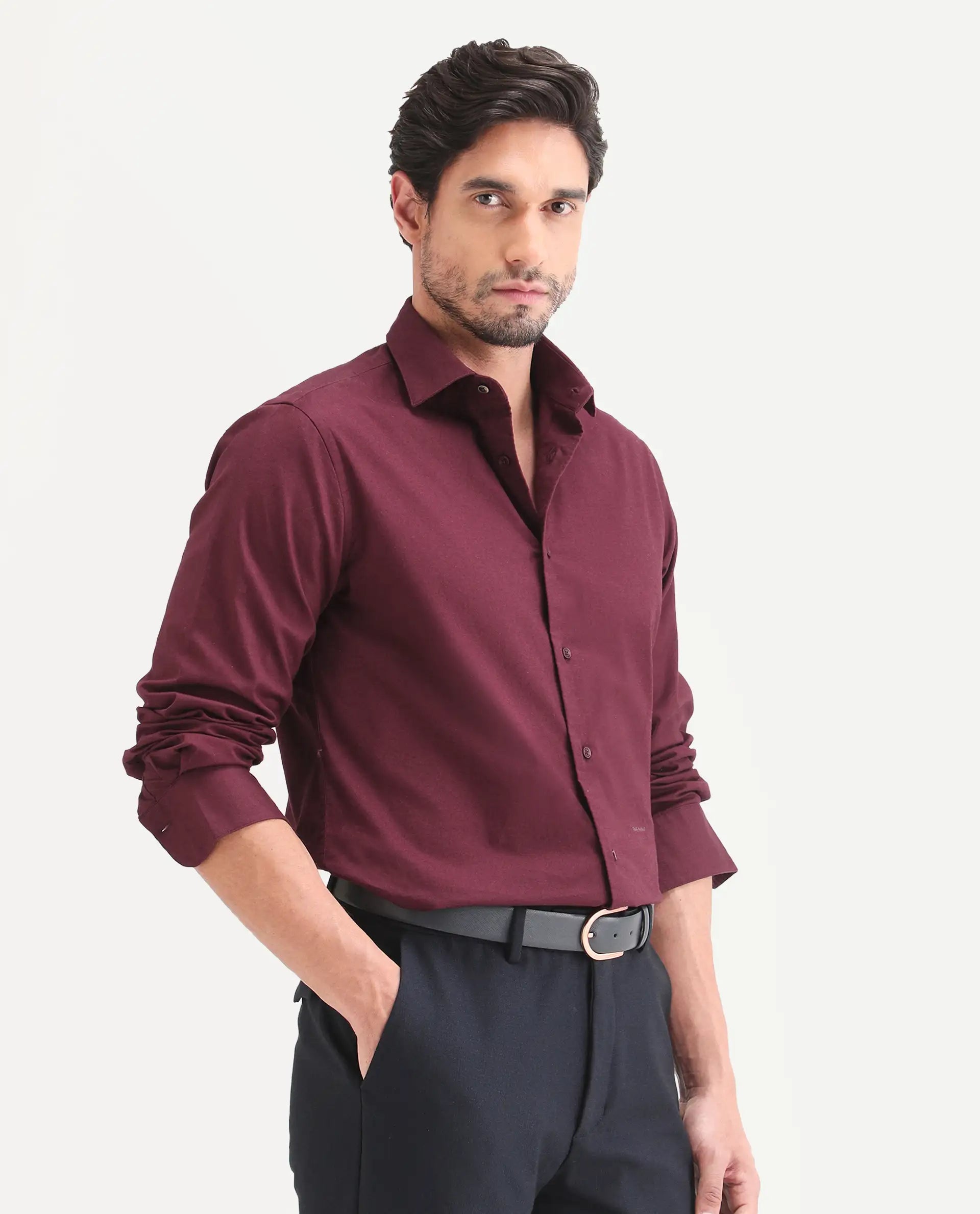 Rare Rabbit Men's Remob Maroon Cotton Blend Fabric Full Sleeve Regular Fit Plain Shirt