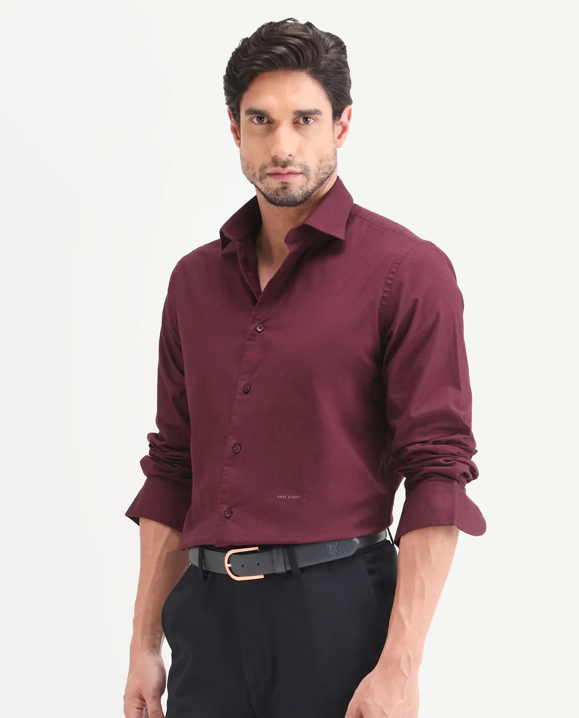 Rare Rabbit Men's Remob Maroon Cotton Blend Fabric Full Sleeve Regular Fit Plain Shirt