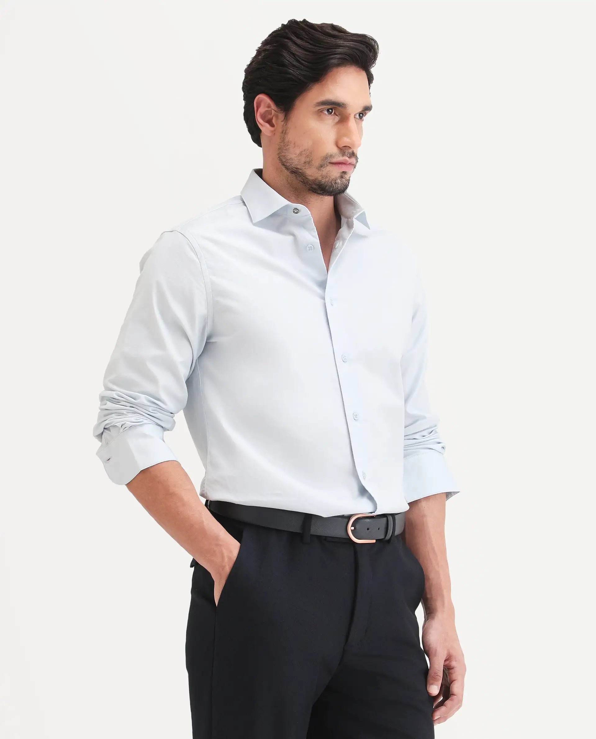 Rare Rabbit Men's Remob Light Blue Cotton Blend Fabric Full Sleeve Regular Fit Plain Shirt