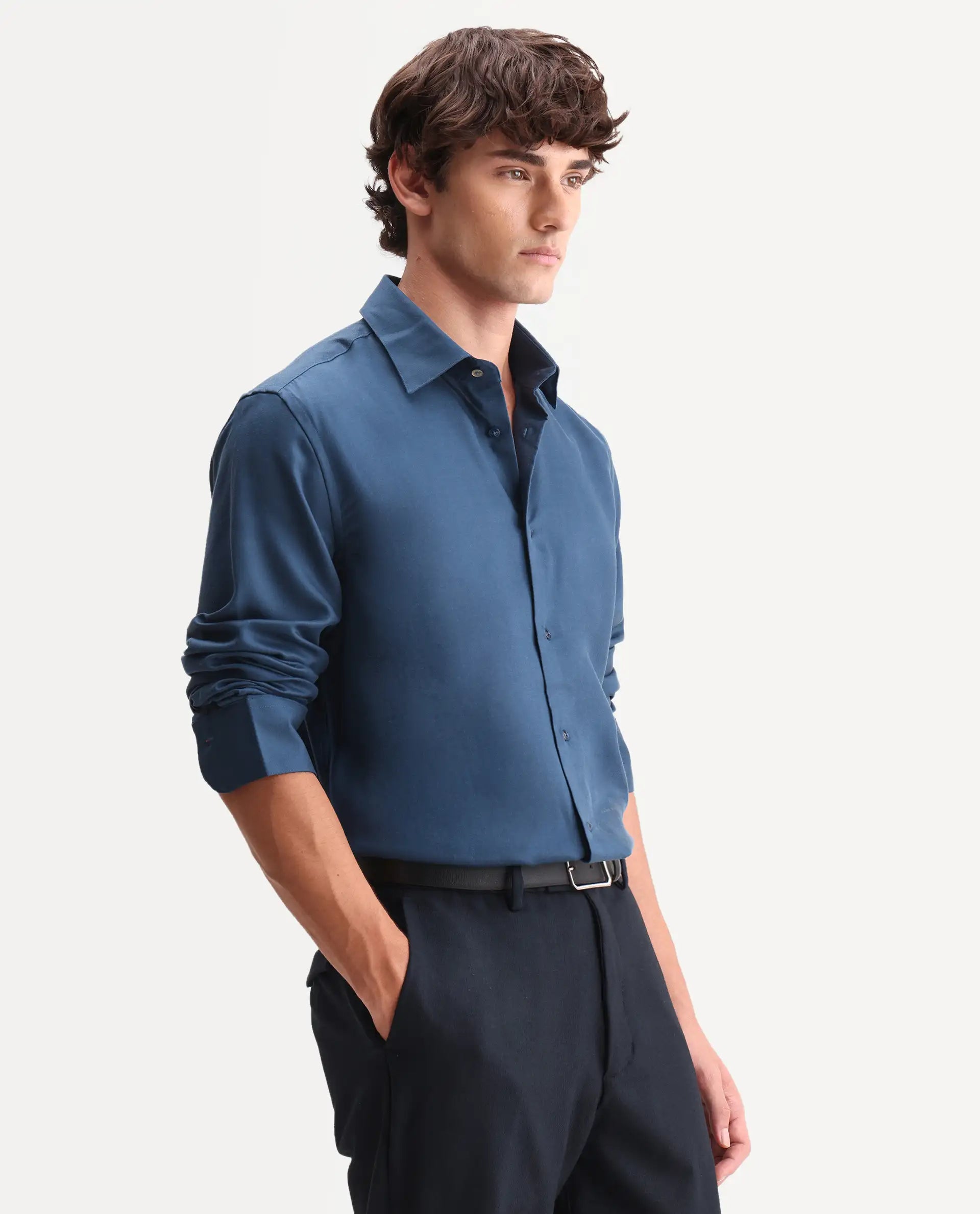 Rare Rabbit Men's Zanty Blue Lyocell Fabric Full Sleeve Regular Fit Plain Shirt