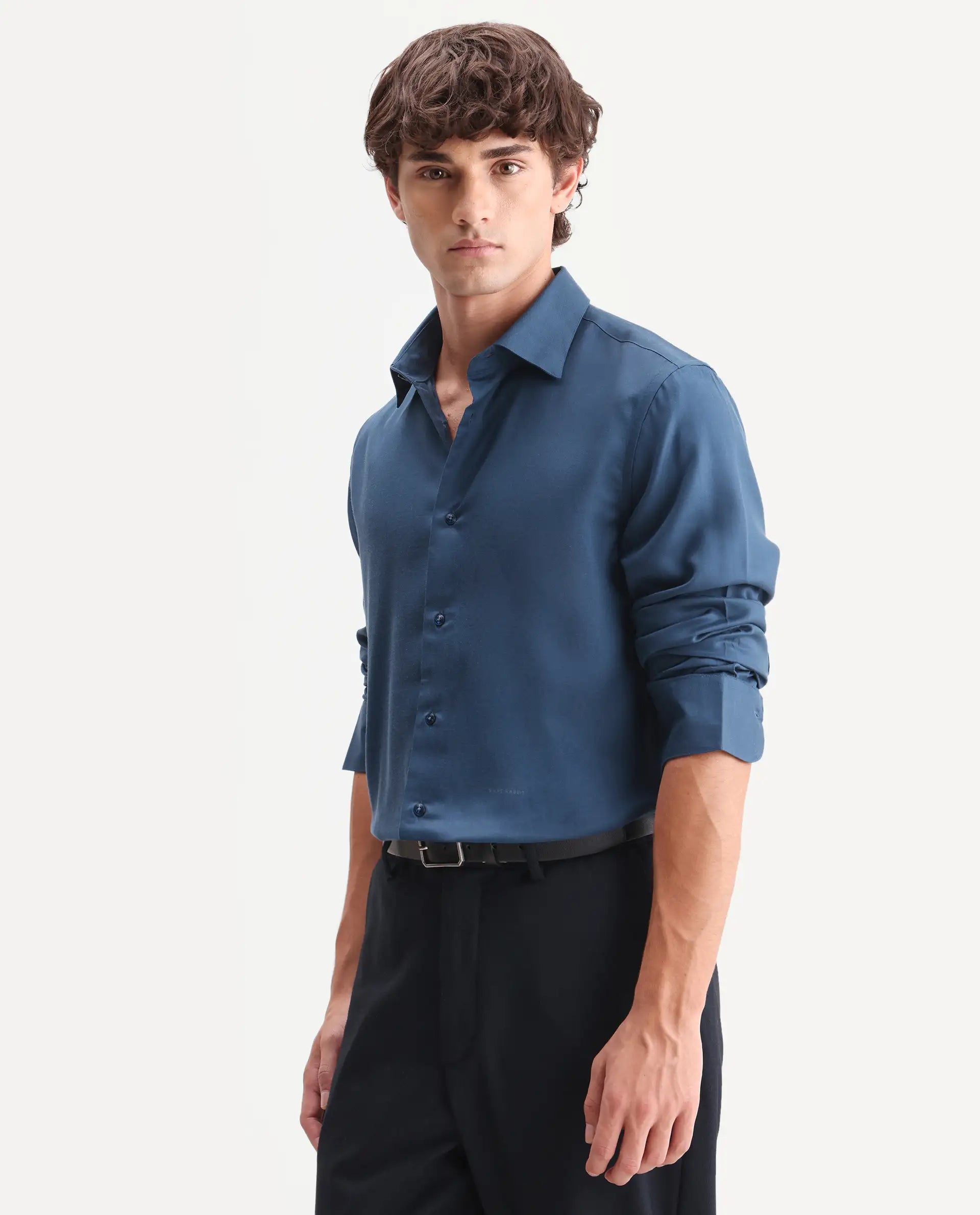 Rare Rabbit Men's Zanty Blue Lyocell Fabric Full Sleeve Regular Fit Plain Shirt