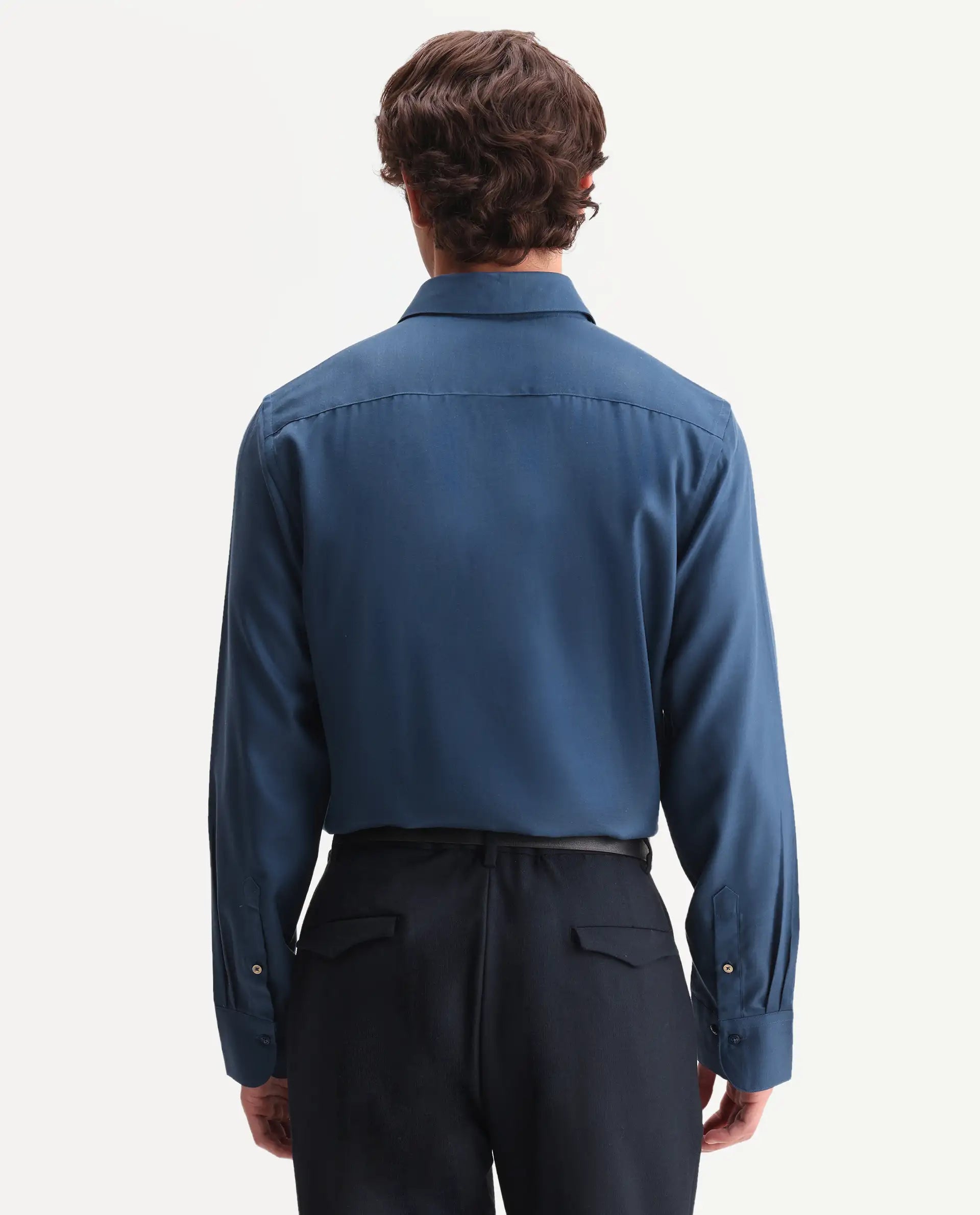 Rare Rabbit Men's Zanty Blue Lyocell Fabric Full Sleeve Regular Fit Plain Shirt