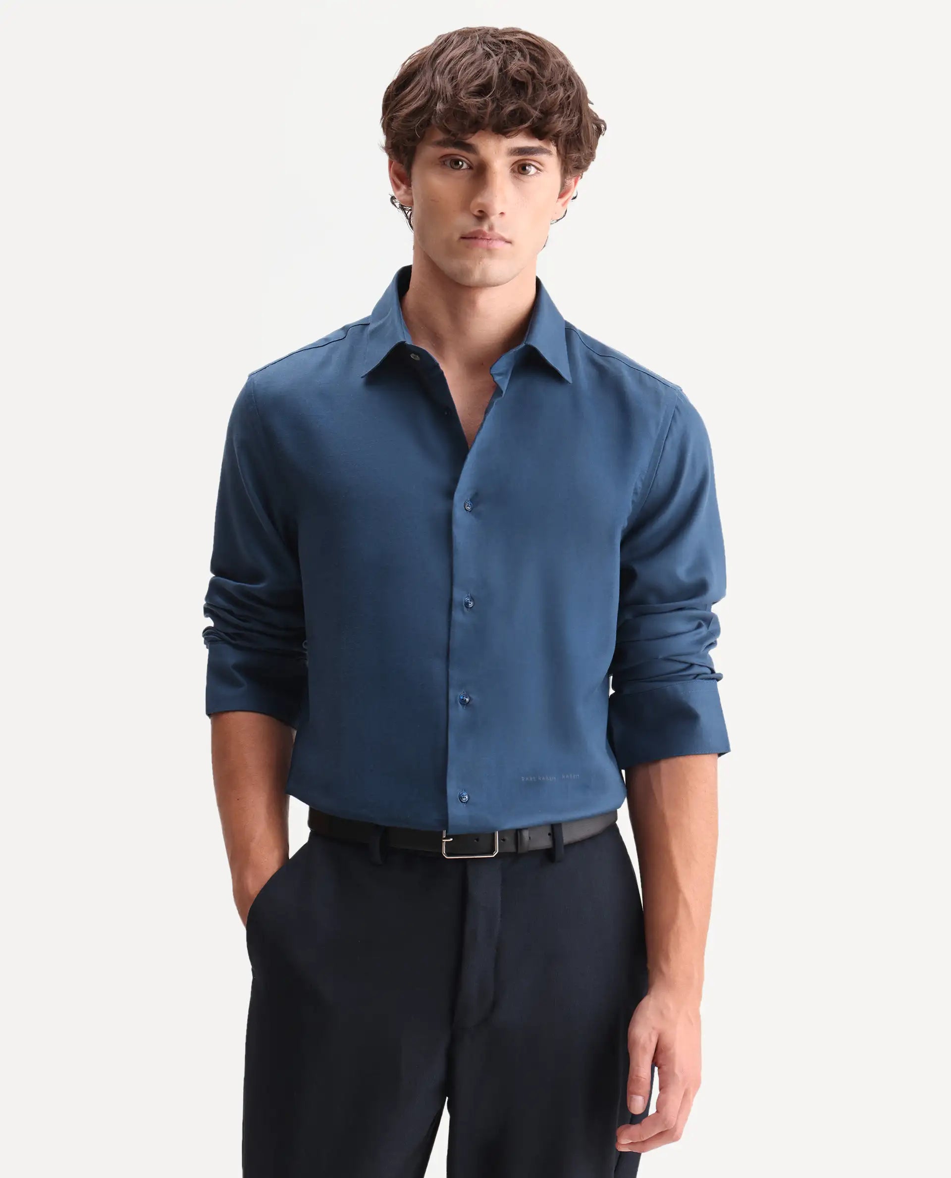 Rare Rabbit Men's Zanty Blue Lyocell Fabric Full Sleeve Regular Fit Plain Shirt