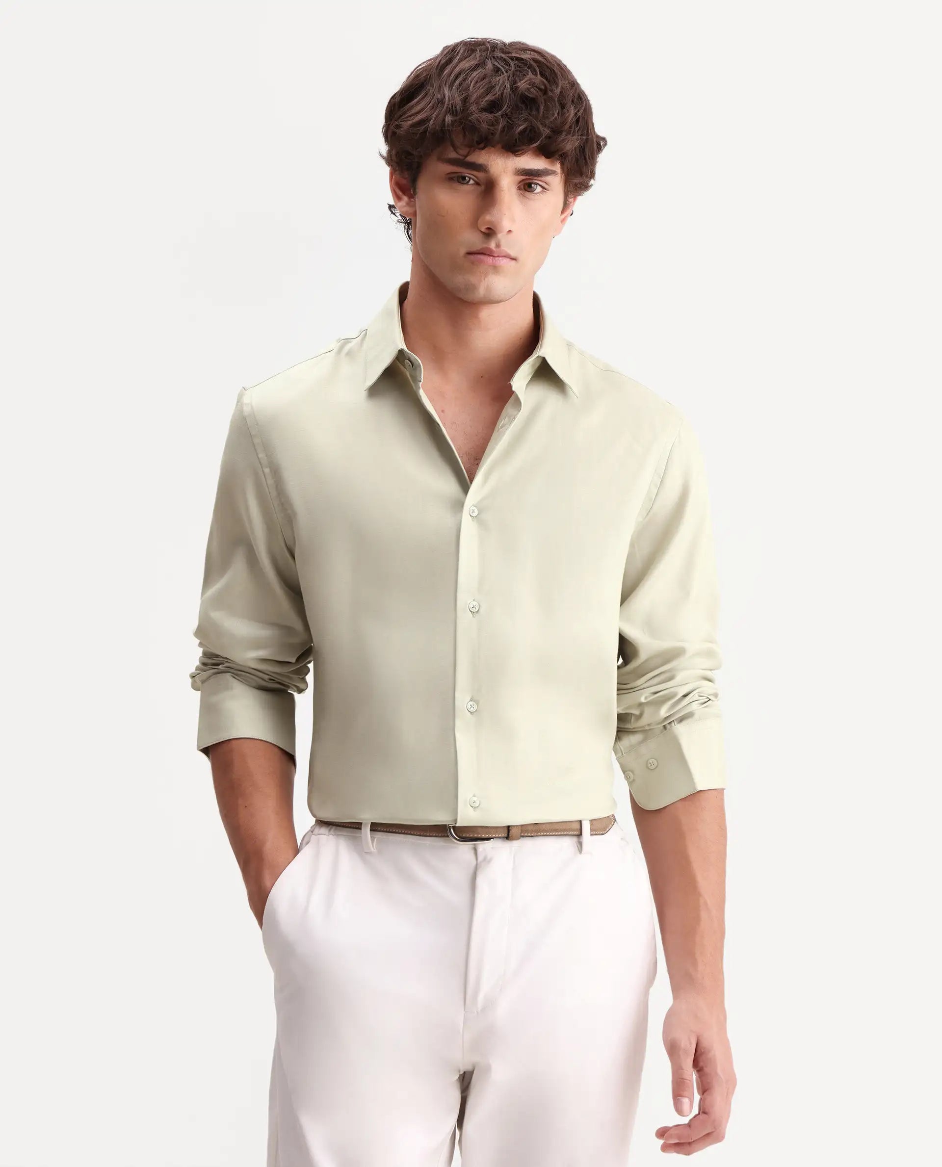 Rare Rabbit Men's Zanty Light Green Lyocell Fabric Full Sleeve Regular Fit Plain Shirt
