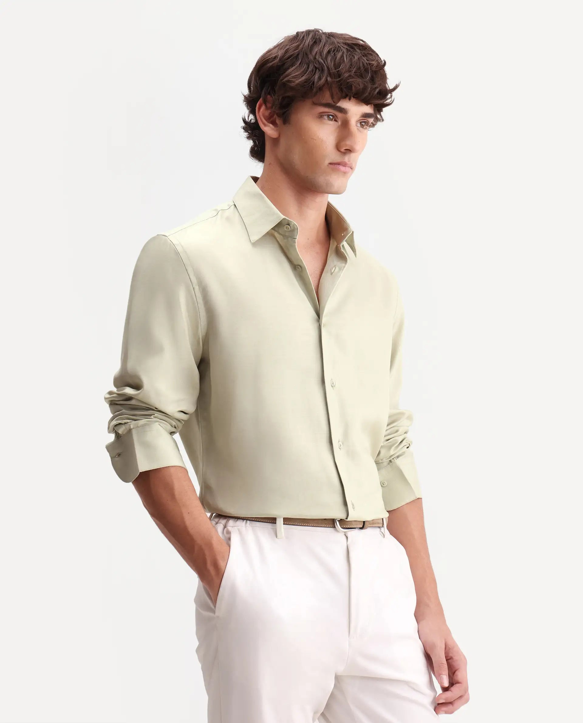 Rare Rabbit Men's Zanty Light Green Lyocell Fabric Full Sleeve Regular Fit Plain Shirt