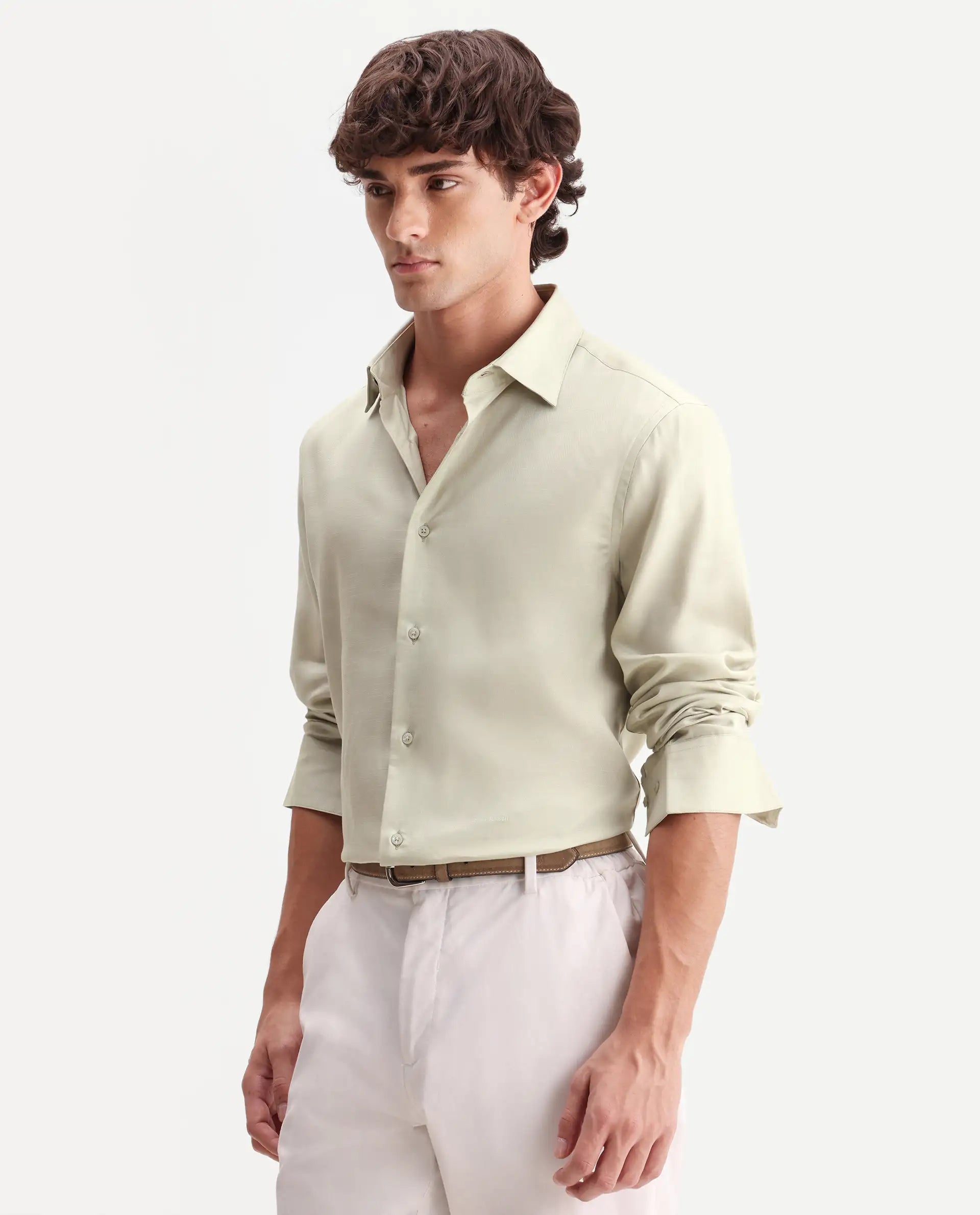 Rare Rabbit Men's Zanty Light Green Lyocell Fabric Full Sleeve Regular Fit Plain Shirt