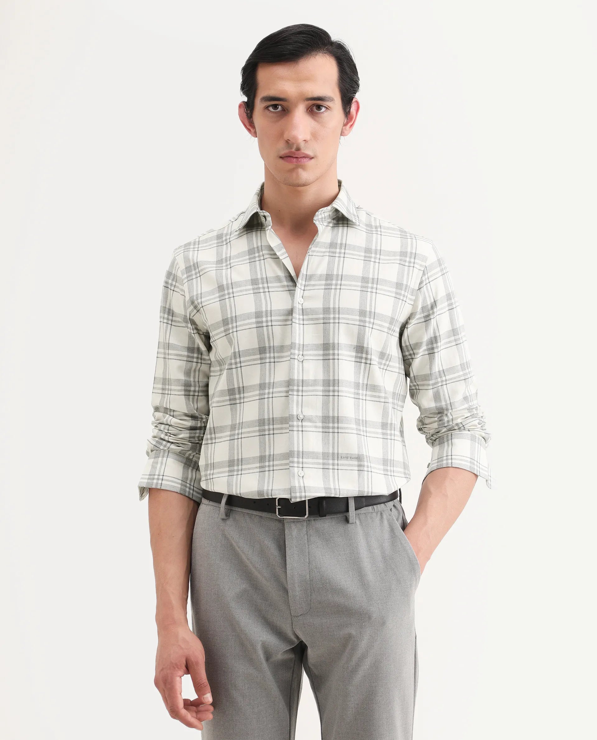 Rare Rabbit Men's Clary White Cotton Fabric Full Sleeve Regular Fit Checked Shirt