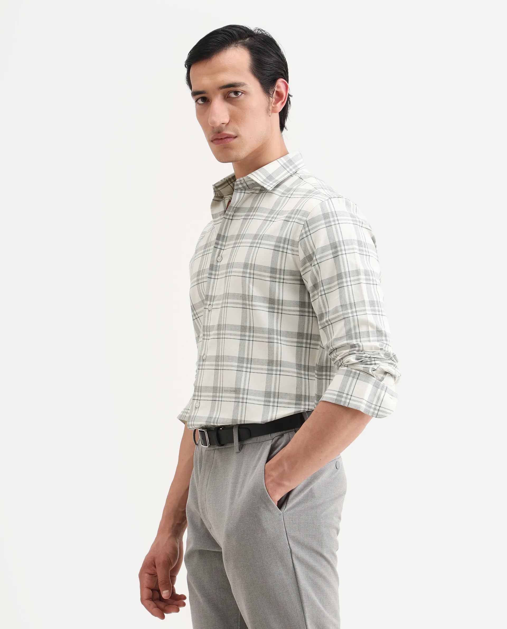 Rare Rabbit Men's Clary White Cotton Fabric Full Sleeve Regular Fit Checked Shirt