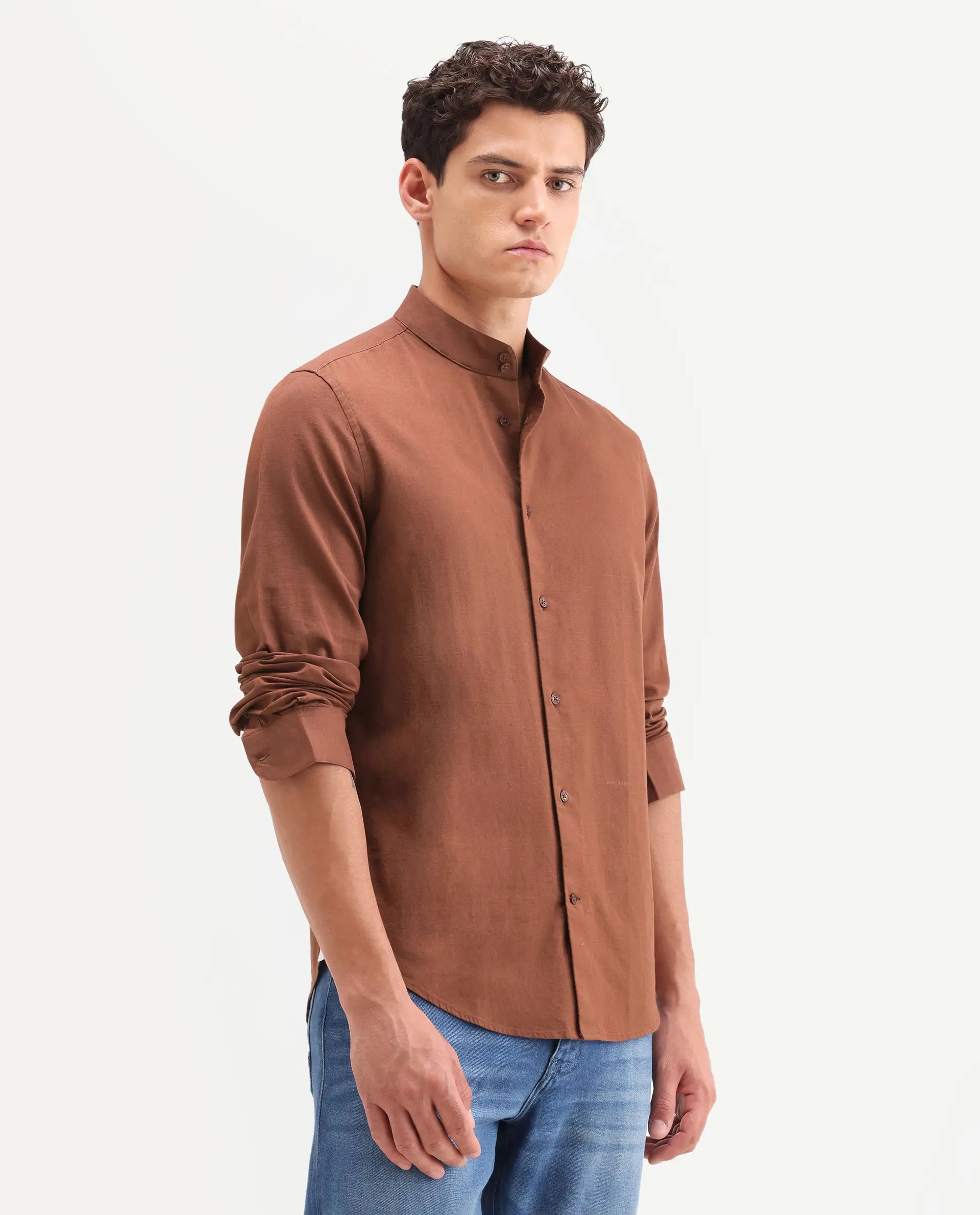 Rare Rabbit Men's Cadex Brown Cotton Fabric Full Sleeve Mandarin Collar Regular Fit Plain Shirt