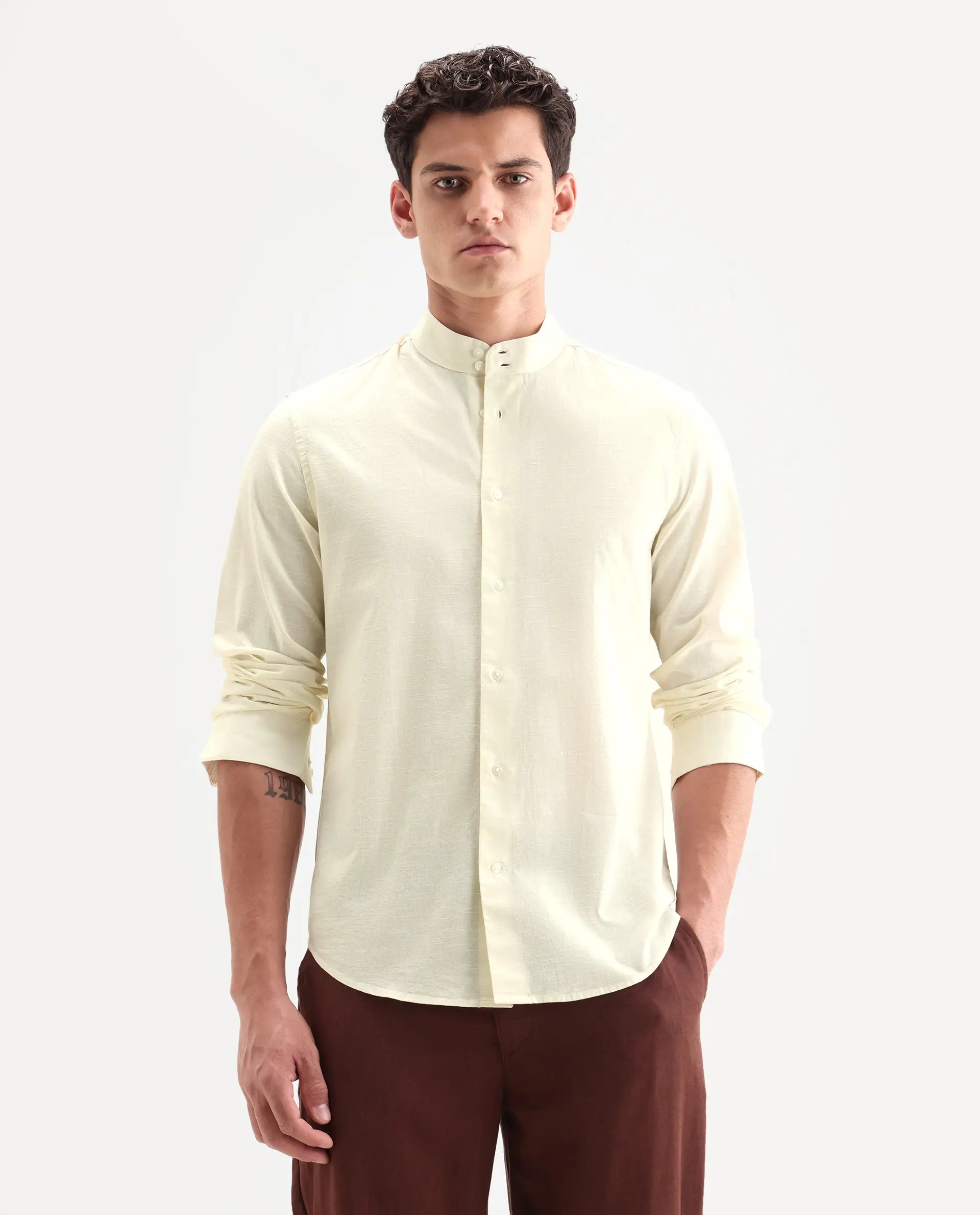 Rare Rabbit Men's Cadex White Cotton Fabric Full Sleeve Mandarin Collar Regular Fit Plain Shirt