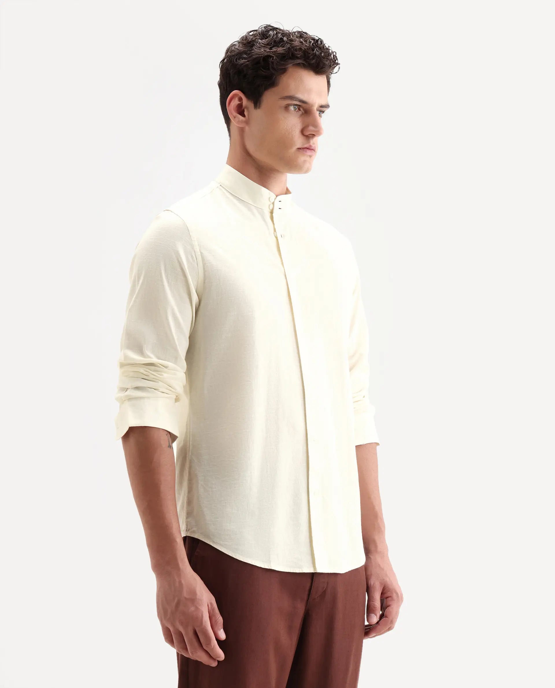 Rare Rabbit Men's Cadex White Cotton Fabric Full Sleeve Mandarin Collar Regular Fit Plain Shirt
