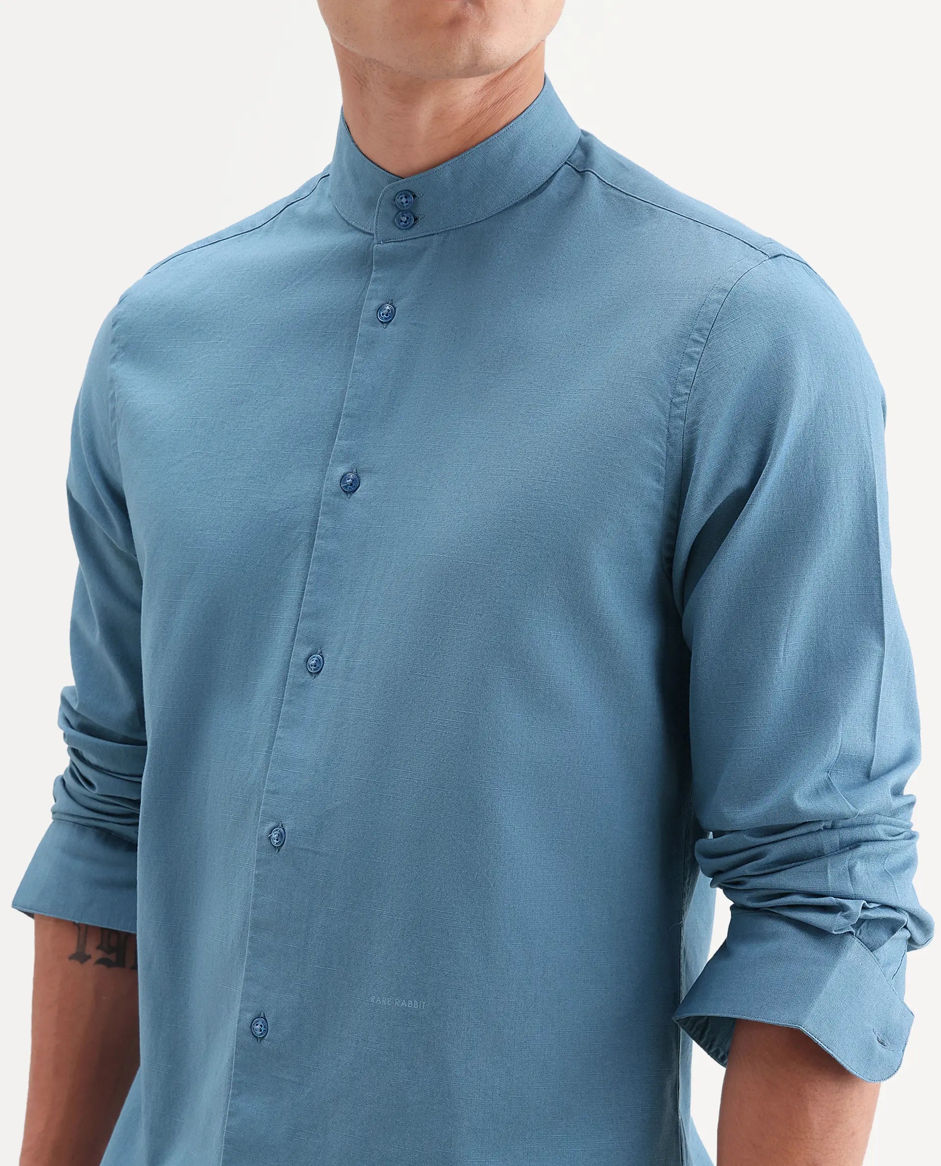 Rare Rabbit Men's Cadex Blue Cotton Fabric Full Sleeve Mandarin Collar Regular Fit Plain Shirt
