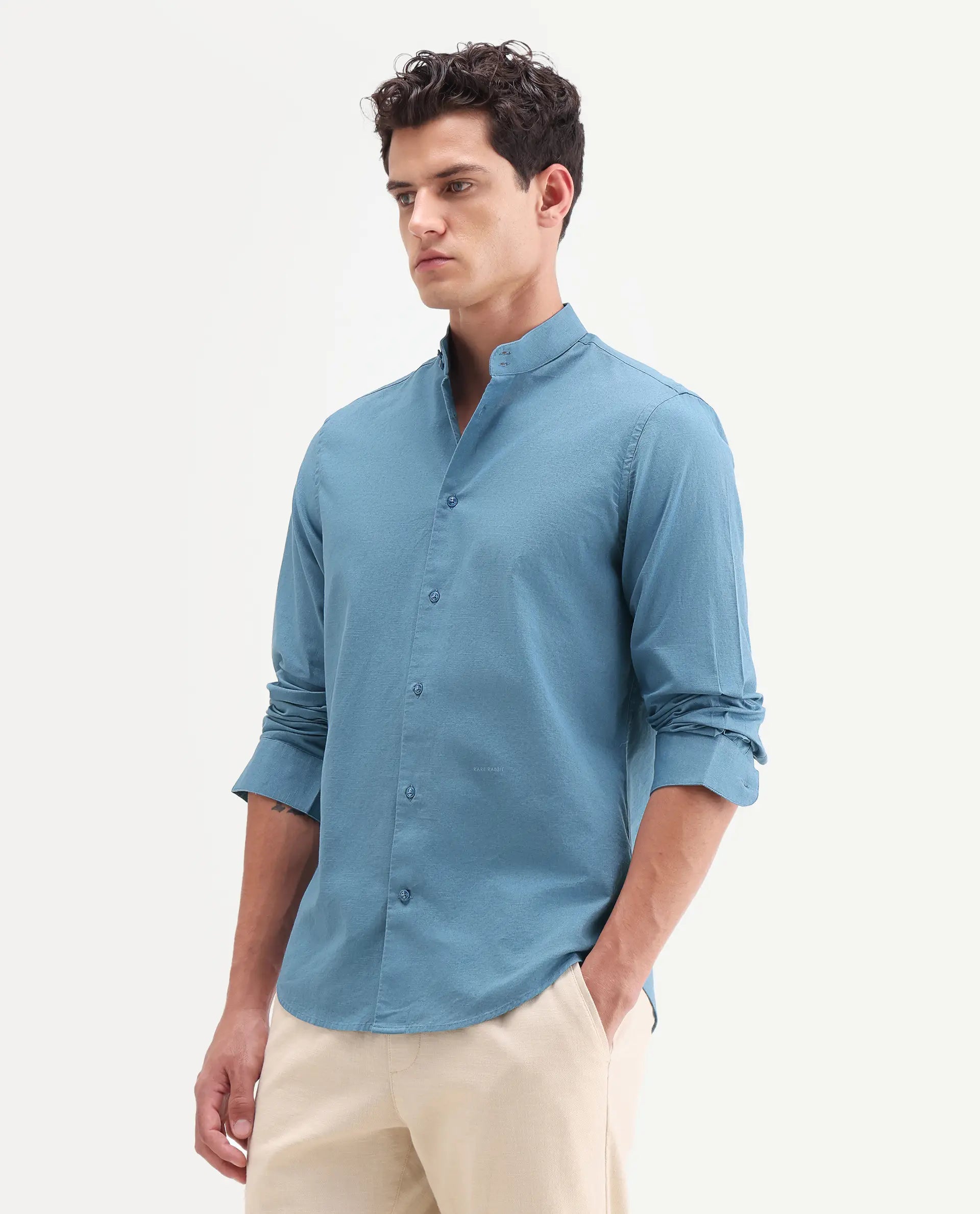 Rare Rabbit Men's Cadex Blue Cotton Fabric Full Sleeve Mandarin Collar Regular Fit Plain Shirt