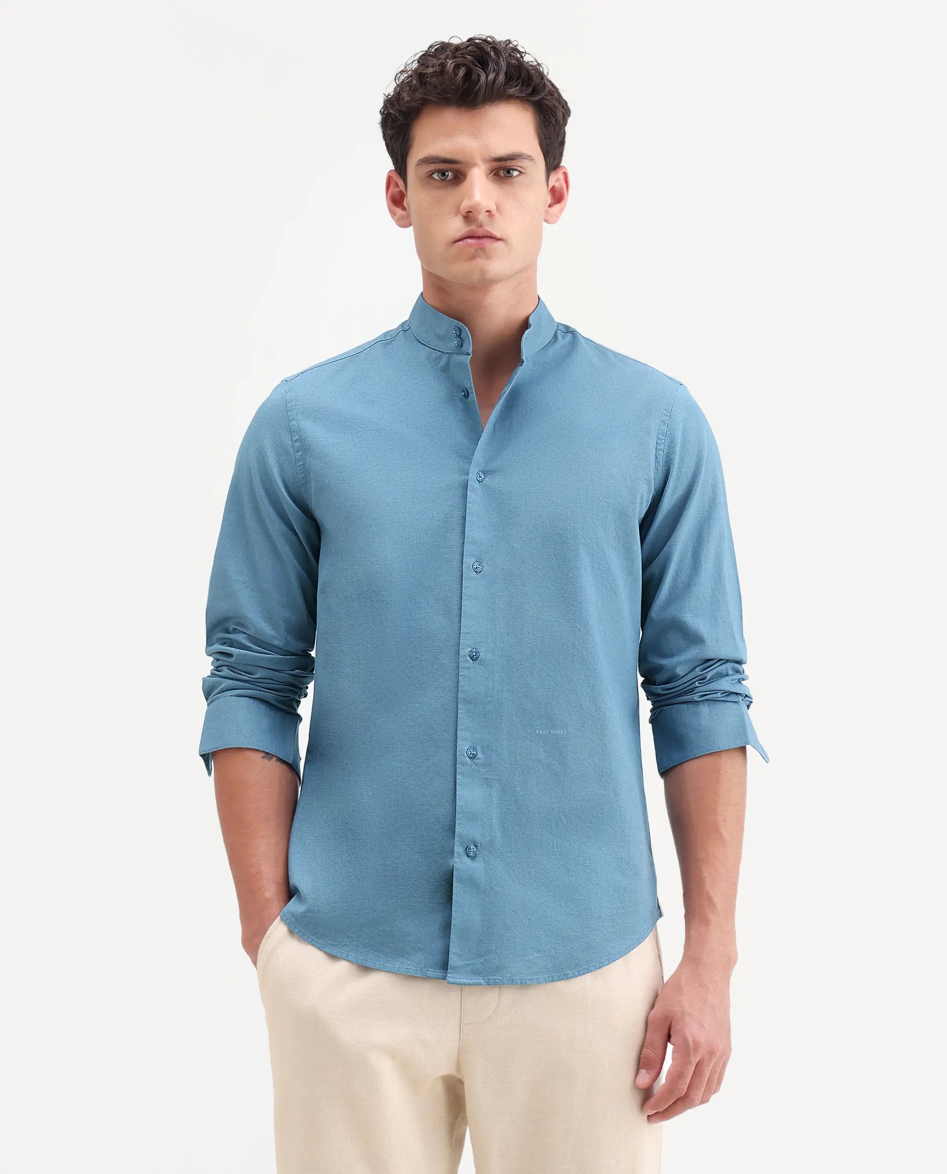 Rare Rabbit Men's Cadex Blue Cotton Fabric Full Sleeve Mandarin Collar Regular Fit Plain Shirt