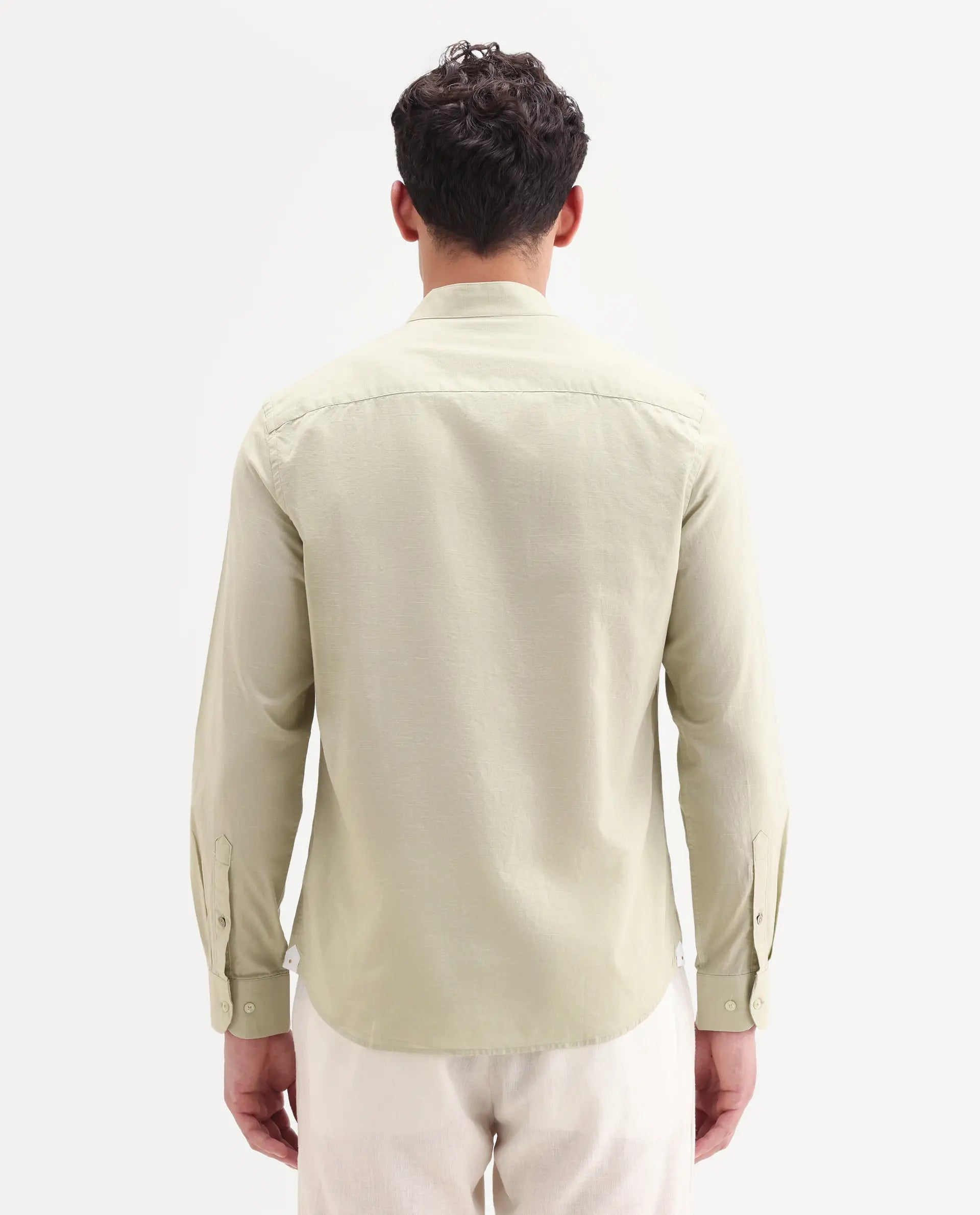 Rare Rabbit Men's Cadex Light Green Cotton Fabric Full Sleeve Mandarin Collar Regular Fit Plain Shirt