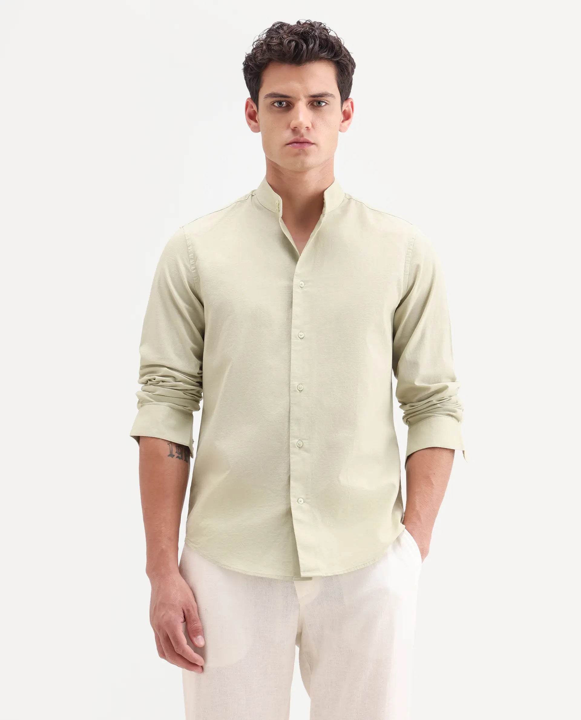 Rare Rabbit Men's Cadex Light Green Cotton Fabric Full Sleeve Mandarin Collar Regular Fit Plain Shirt