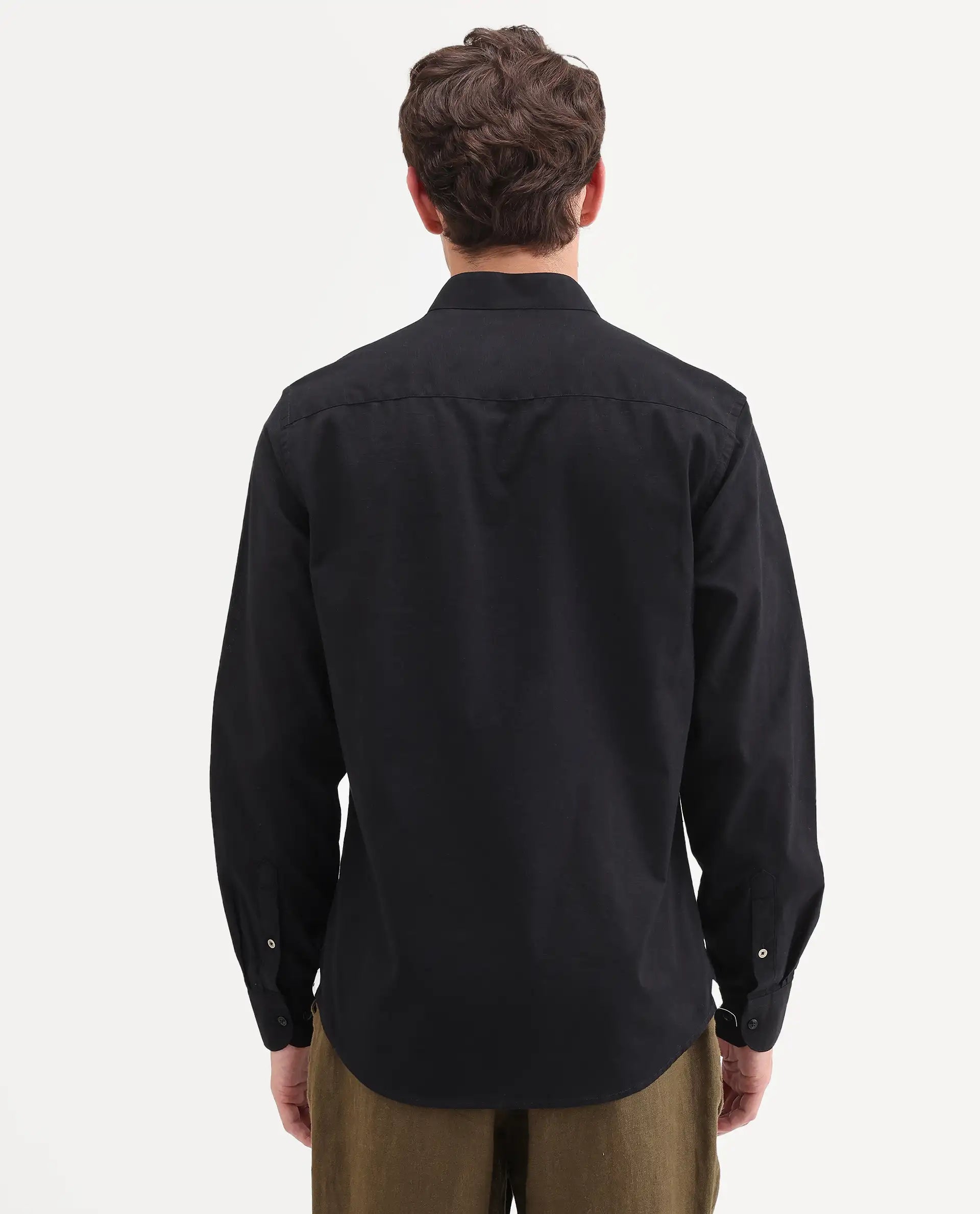 Rare Rabbit Men's Cadex Black Cotton Fabric Full Sleeve Mandarin Collar Regular Fit Plain Shirt