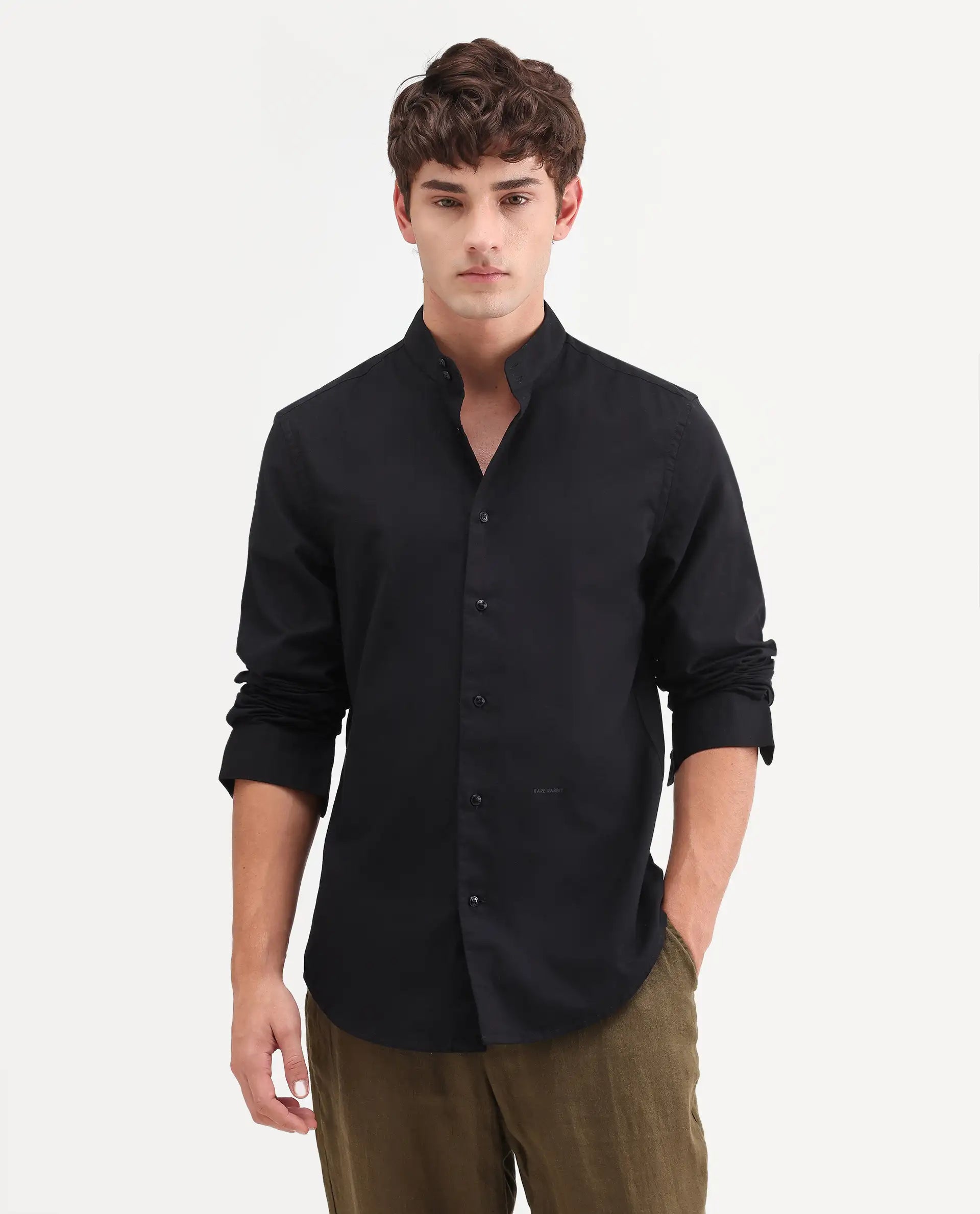 Rare Rabbit Men's Cadex Black Cotton Fabric Full Sleeve Mandarin Collar Regular Fit Plain Shirt