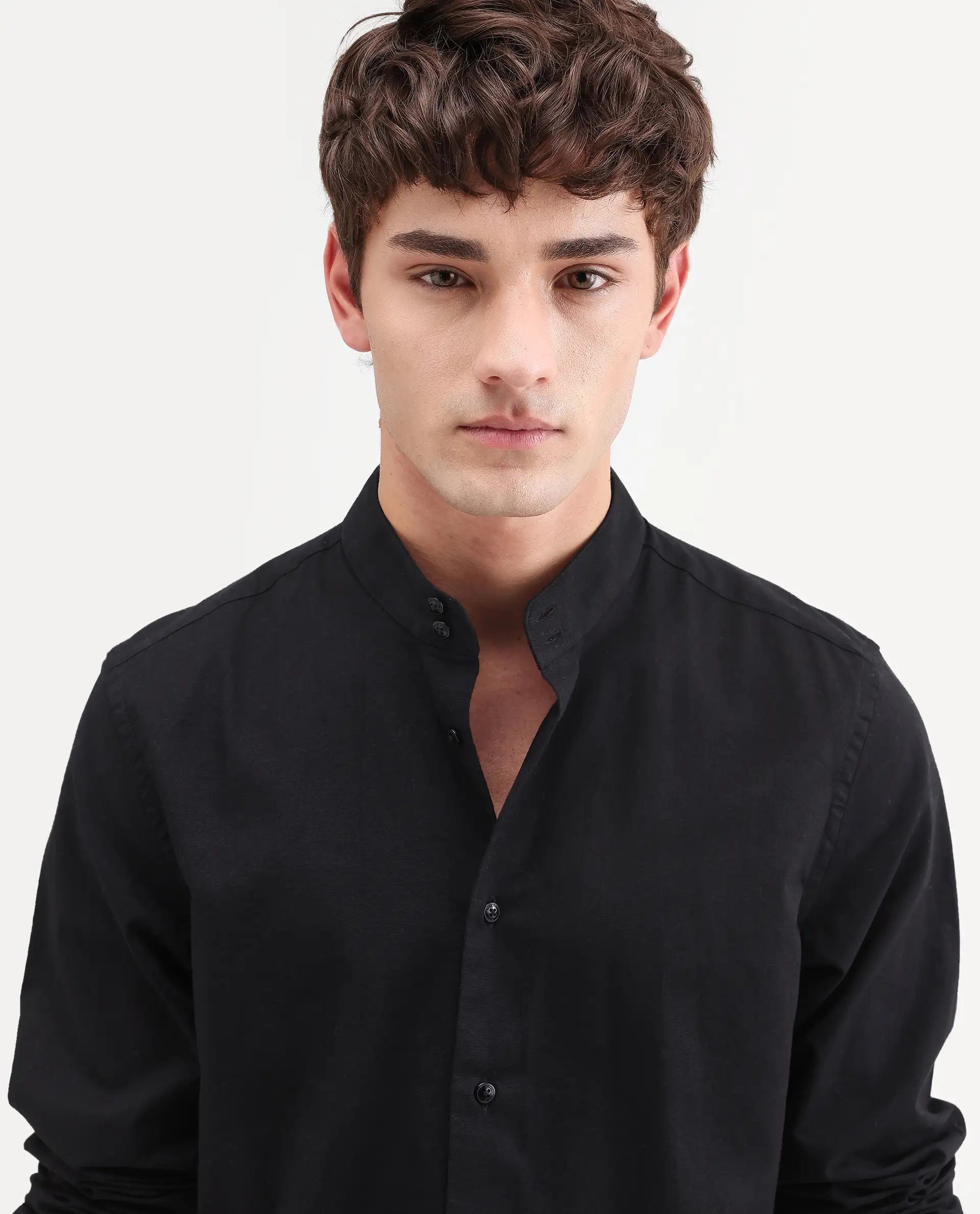 Rare Rabbit Men's Cadex Black Cotton Fabric Full Sleeve Mandarin Collar Regular Fit Plain Shirt